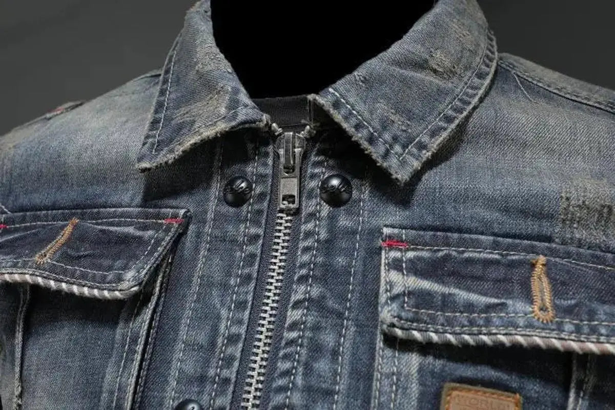 Men's Vintage Washed Zip-Up Retro Denim Jacket Coat