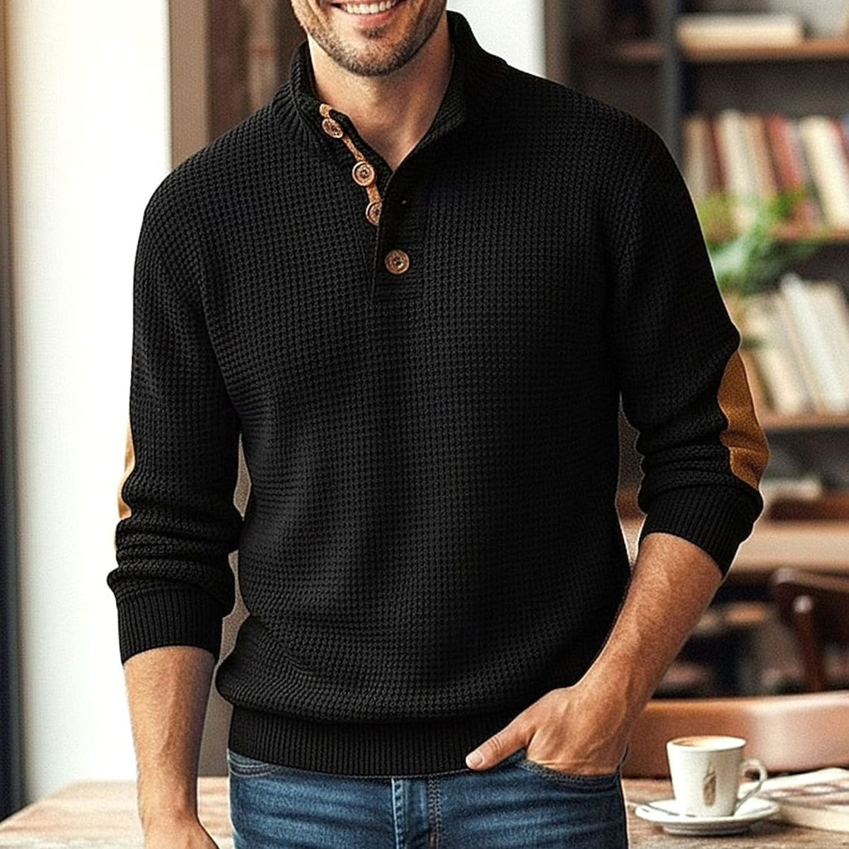 Men's Waffle-Knit Button-Neck Elbow-Patch Pullover Jumper - Black