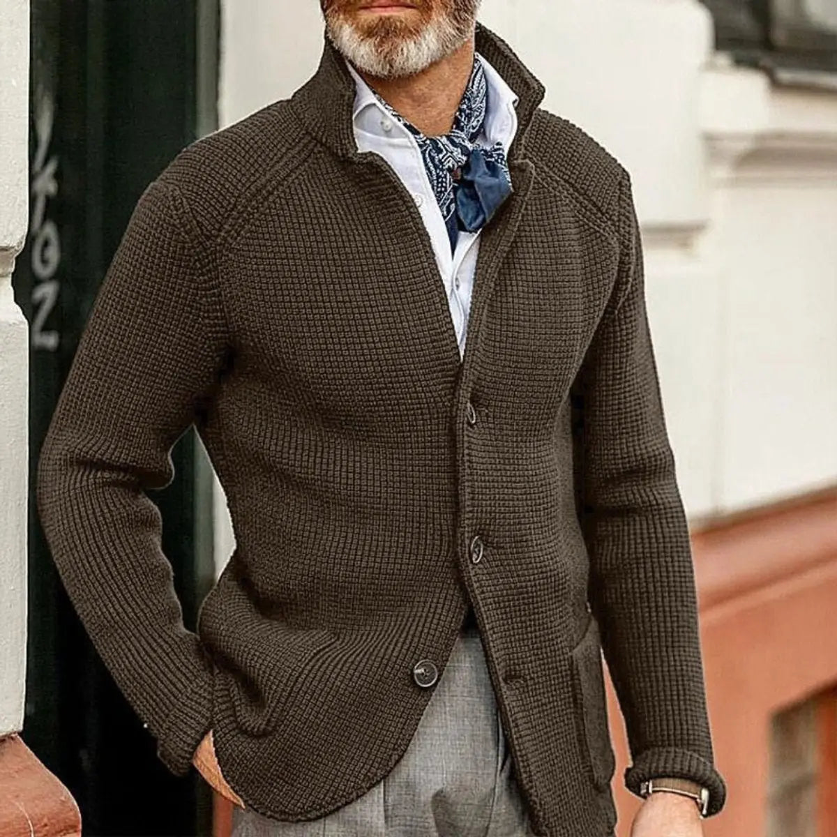 Mens Waffle-Knit Button-Up Cardigan Relaxed Fit Jumper - Coffee