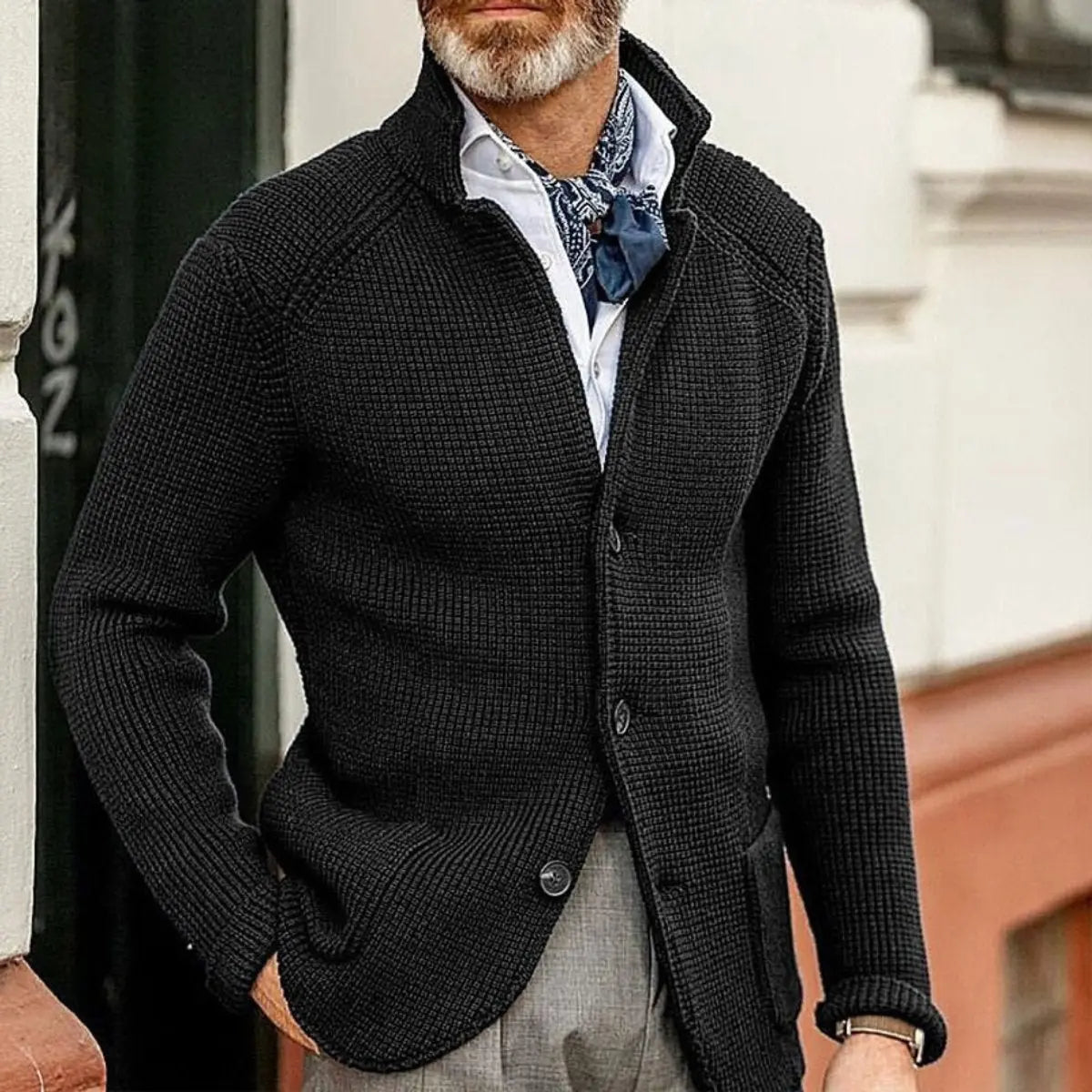 Mens Waffle-Knit Button-Up Cardigan Relaxed Fit Jumper - Black