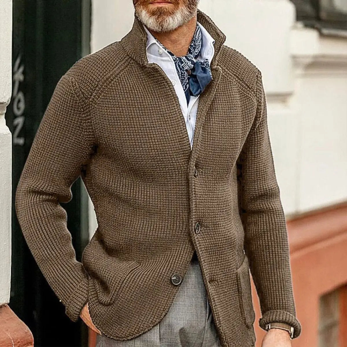 Mens Waffle-Knit Button-Up Cardigan Relaxed Fit Jumper - Brown