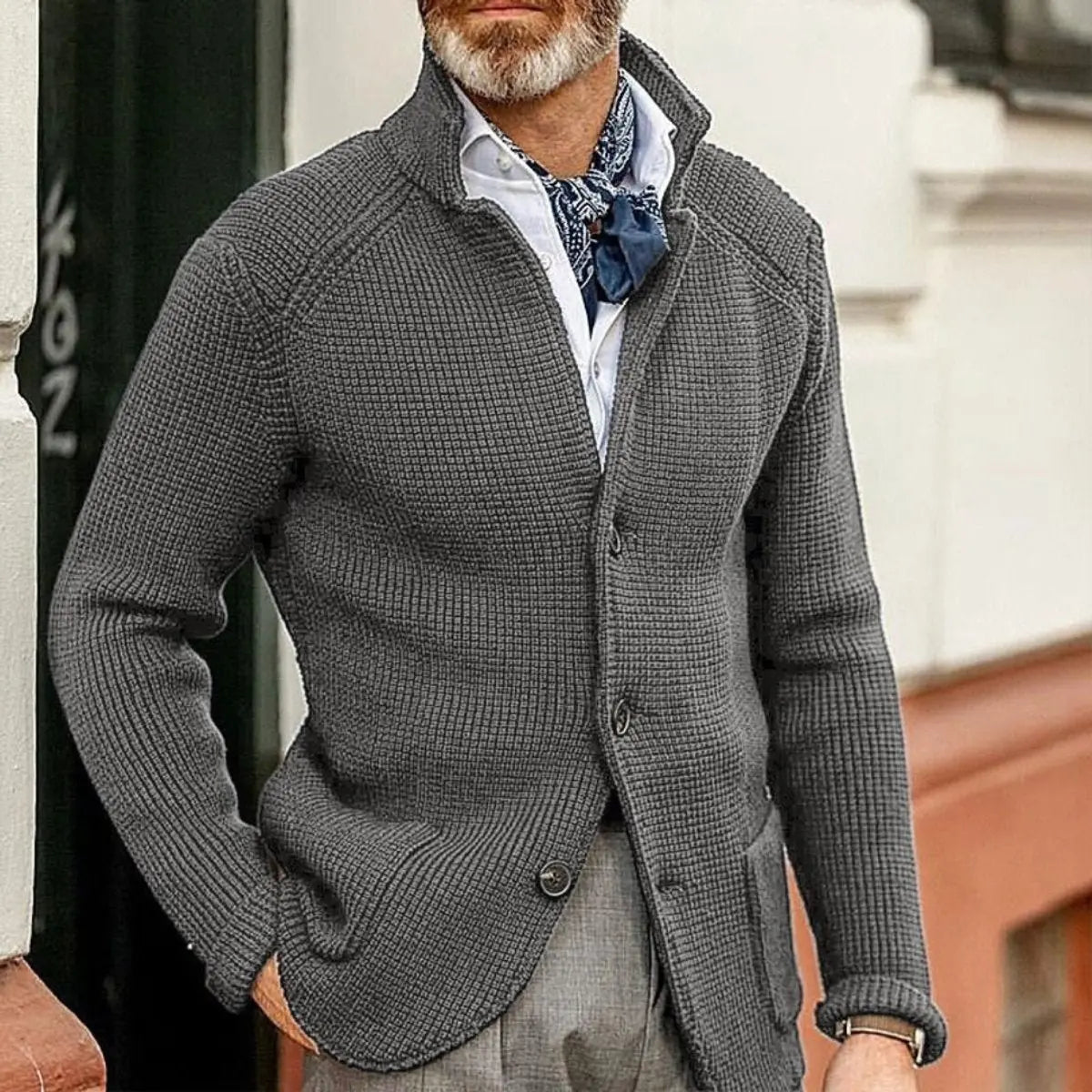 Mens Waffle-Knit Button-Up Cardigan Relaxed Fit Jumper - Grey
