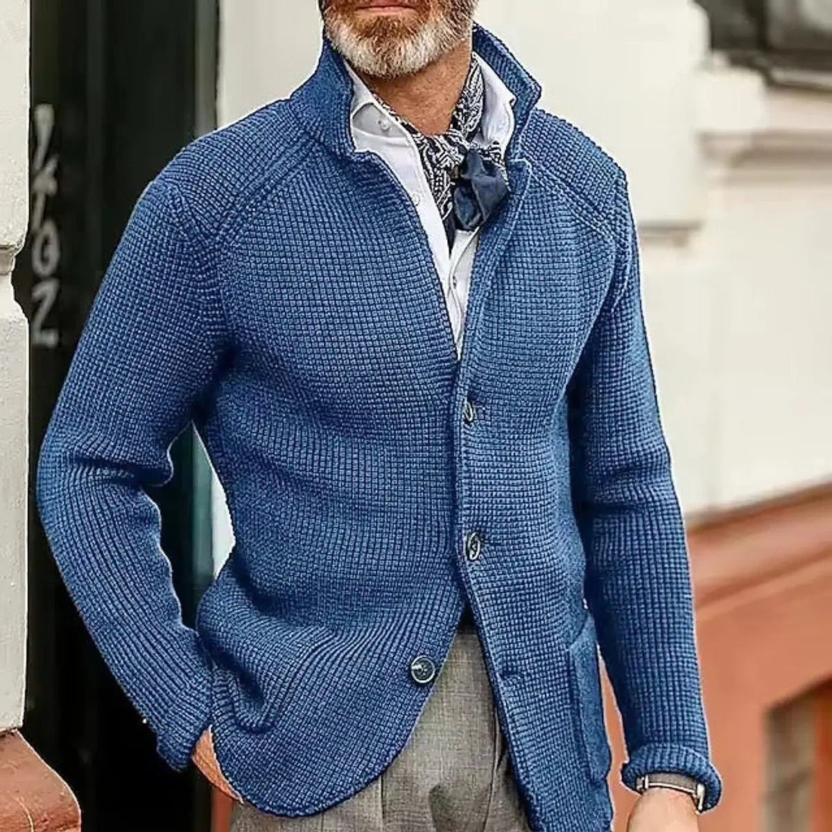 Mens Waffle-Knit Button-Up Cardigan Relaxed Fit Jumper - Sky Blue