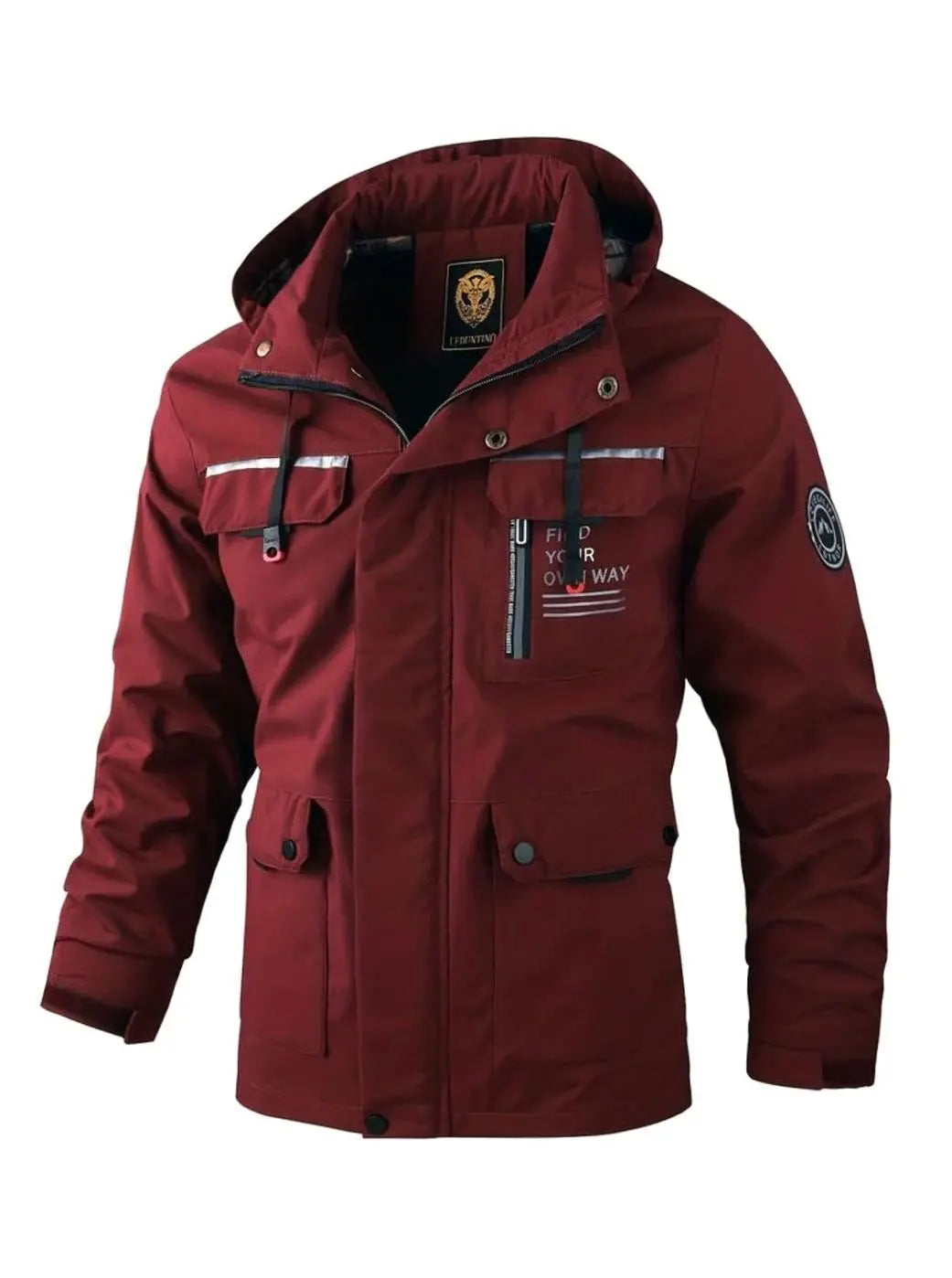 Men's Waterproof Hooded Multi-Pocket Winter Jacket - Burgundy