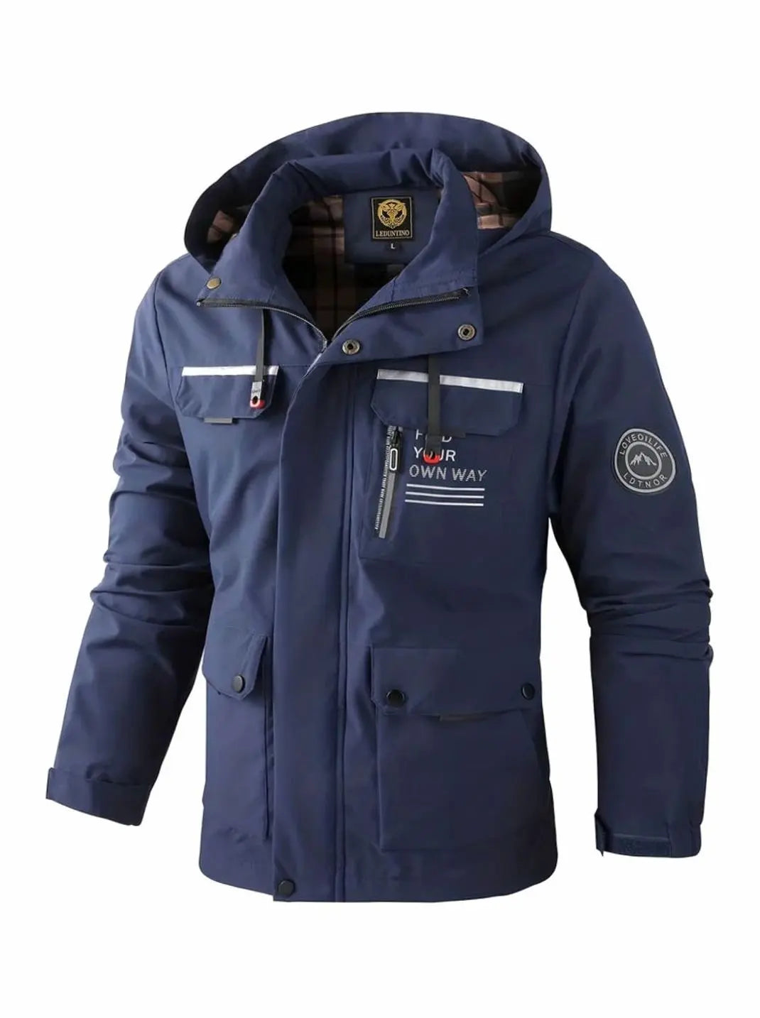 Men's Waterproof Hooded Multi-Pocket Winter Jacket - Navy Blue
