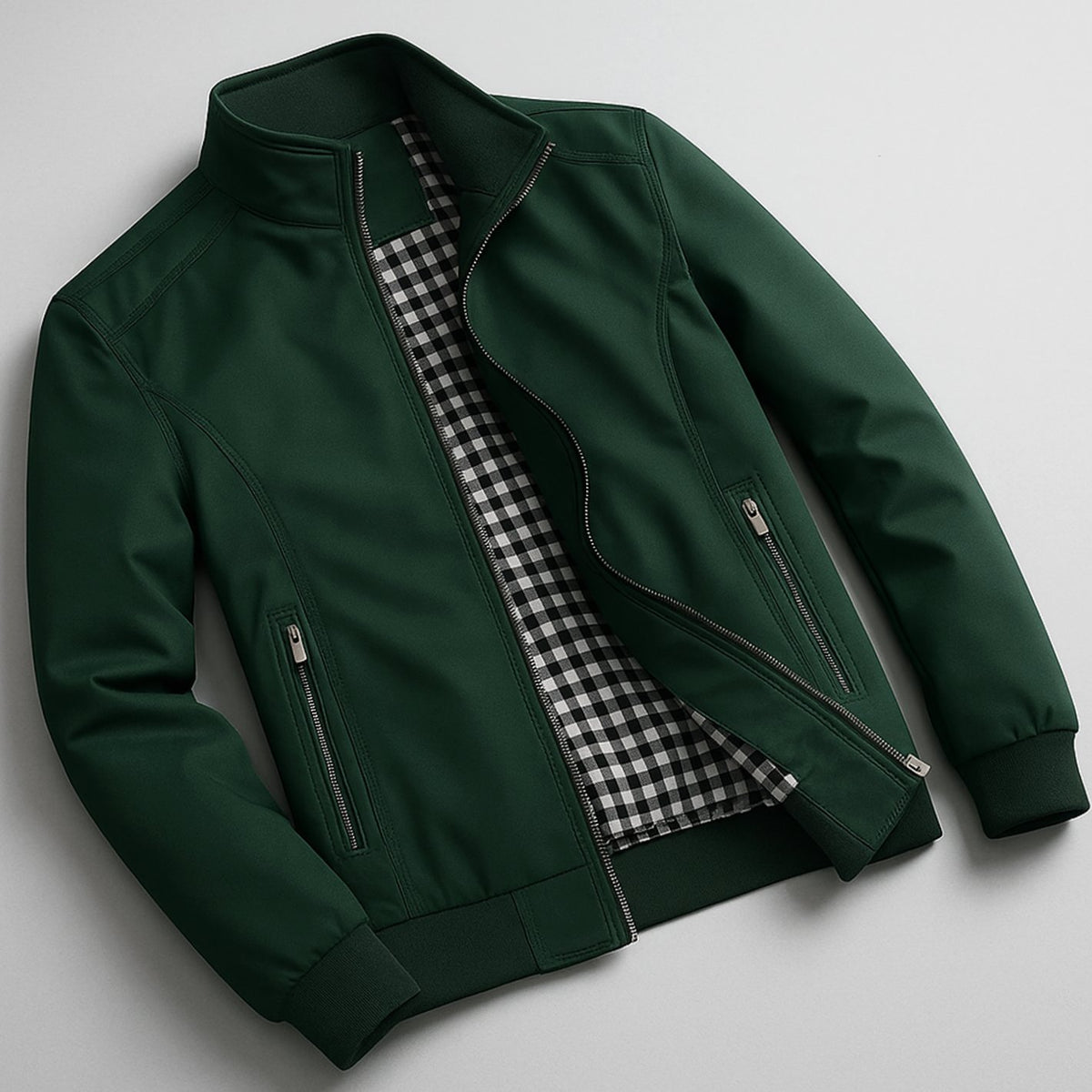 Men's Weather-Resistant Zip-Up Bomber Jacket Checked Lining