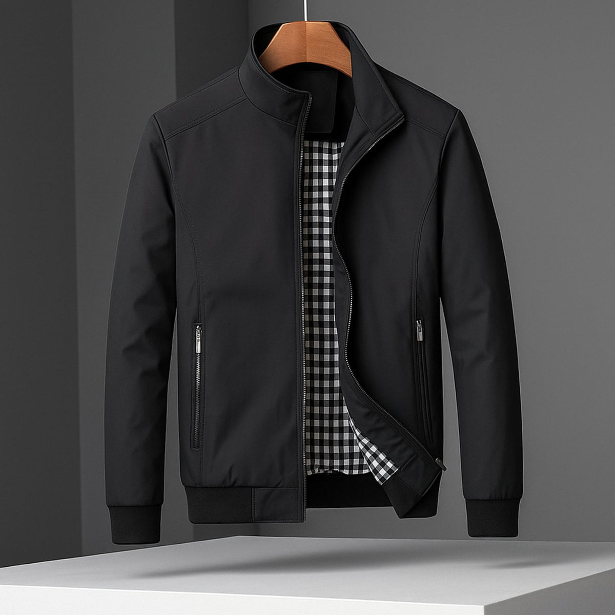 Men's Weather-Resistant Zip-Up Bomber Jacket Checked Lining - Black
