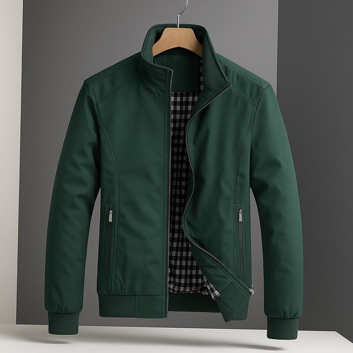 Men's Weather-Resistant Zip-Up Bomber Jacket Checked Lining - Green