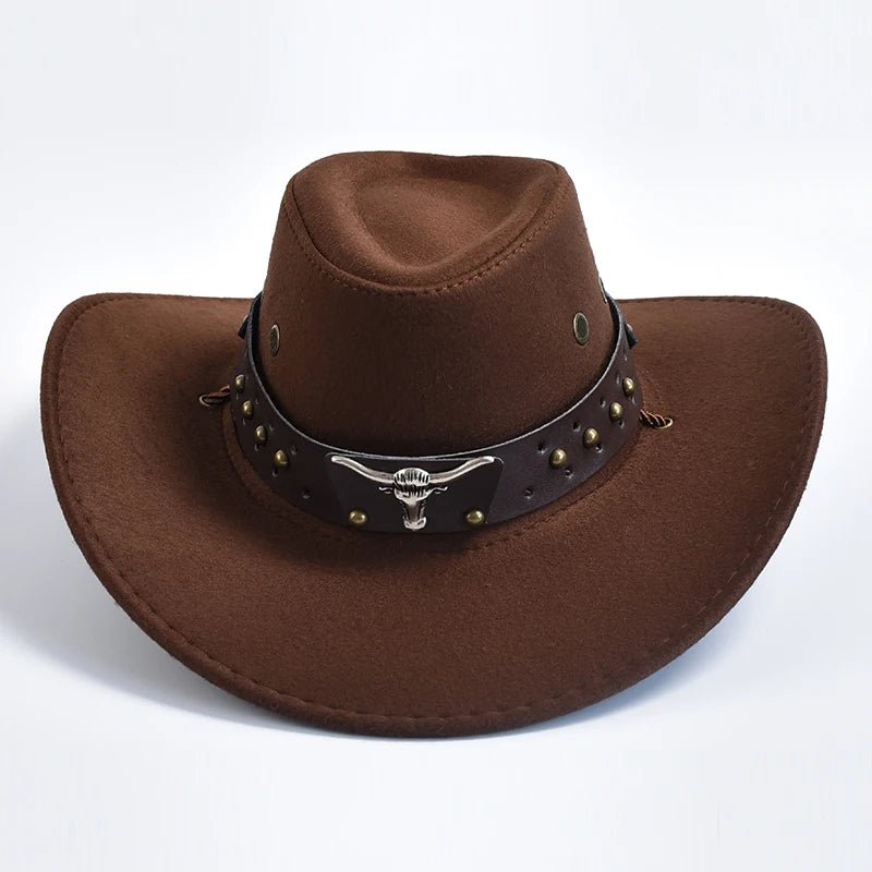 Men's Western Cowboy Hat Studded Band Bull Emblem Wide Brim - Dark Brown