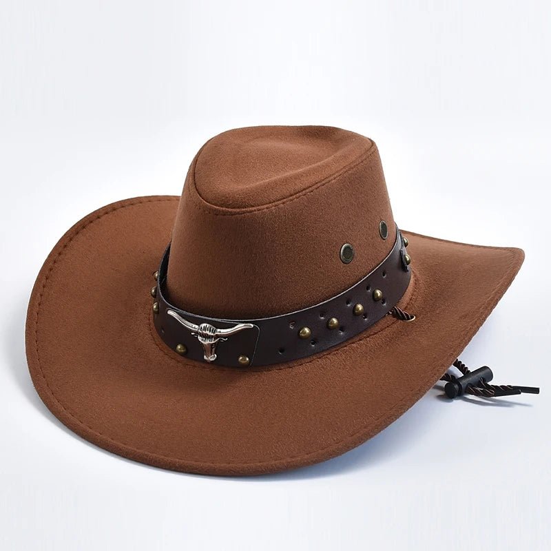 Men's Western Cowboy Hat Studded Band Bull Emblem Wide Brim - Brown