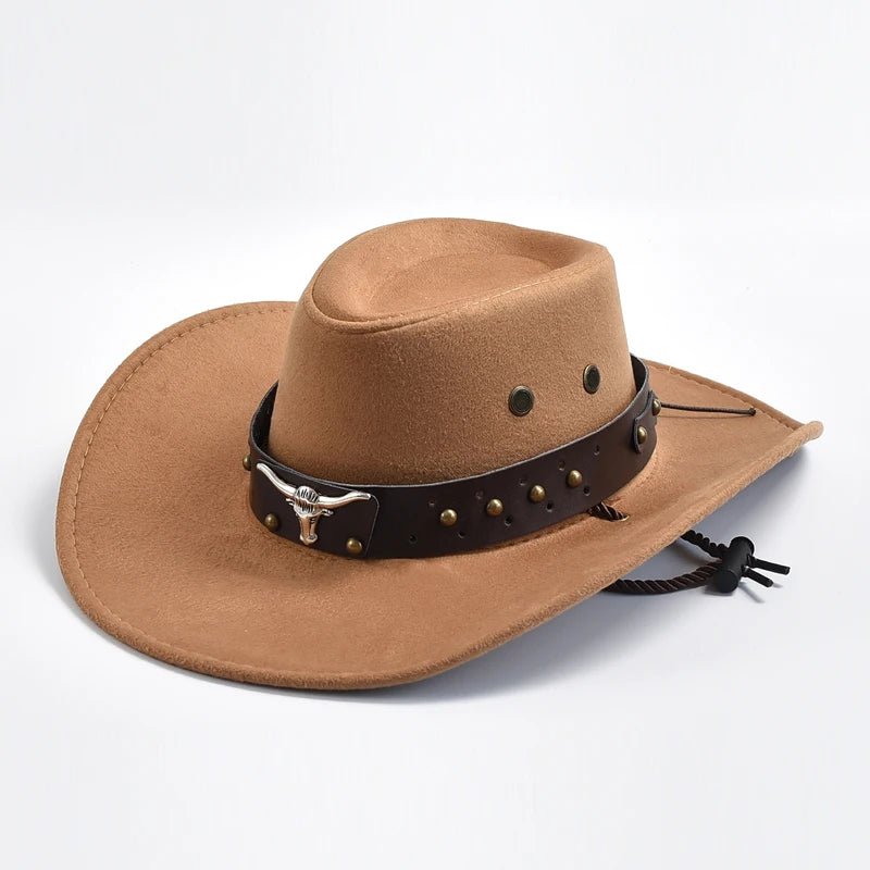Men's Western Cowboy Hat Studded Band Bull Emblem Wide Brim - Khaki