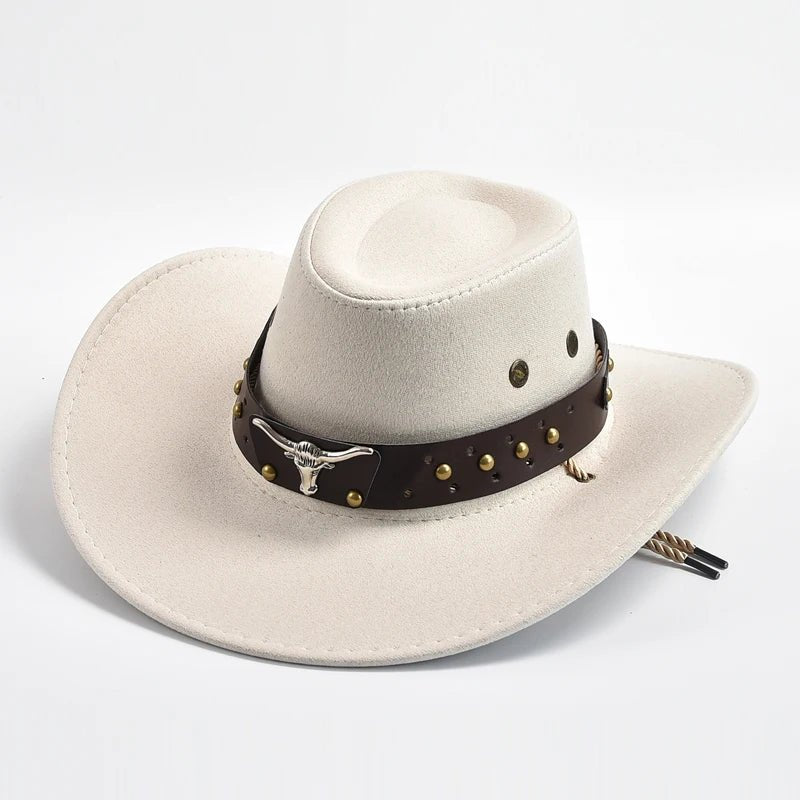 Men's Western Cowboy Hat Studded Band Bull Emblem Wide Brim - Ivory