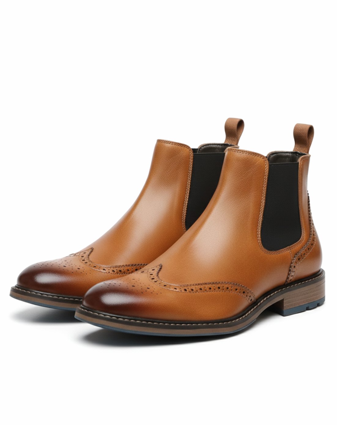 Men's Wingtip Brogue Chelsea Boots Slip-On Burnished Leather-Look - Brown
