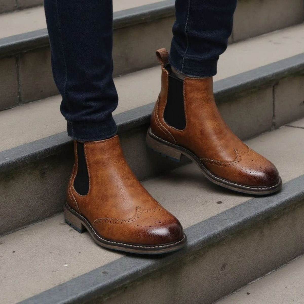Men's Wingtip Brogue Chelsea Boots Slip-On Burnished Leather-Look