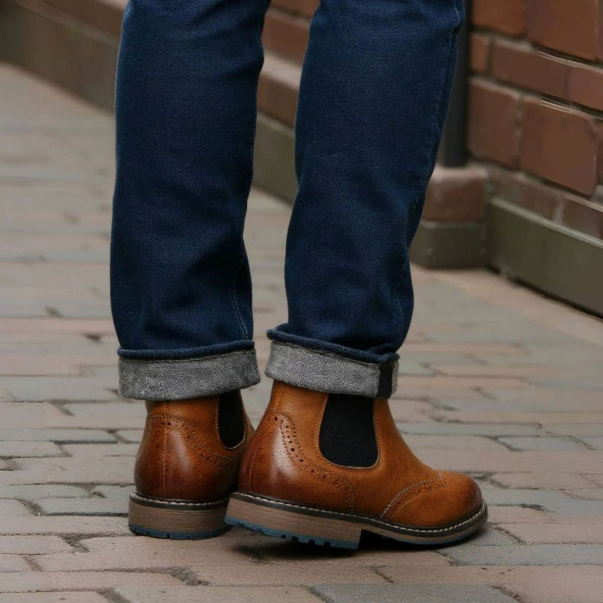 Men's Wingtip Brogue Chelsea Boots Slip-On Burnished Leather-Look