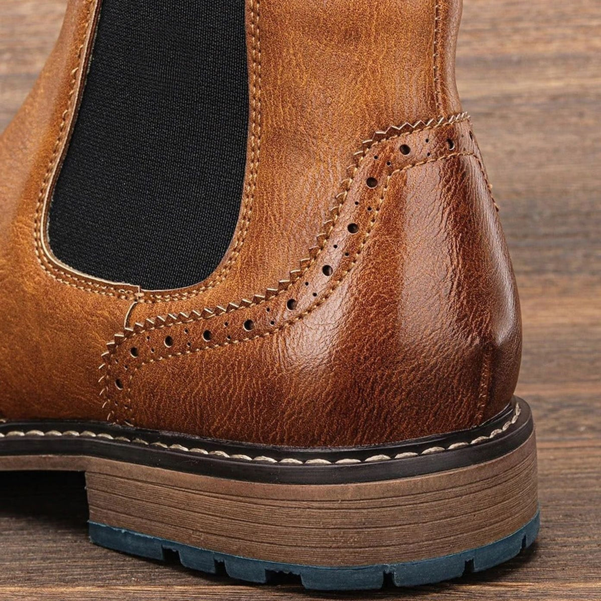 Men's Wingtip Brogue Chelsea Boots Slip-On Burnished Leather-Look