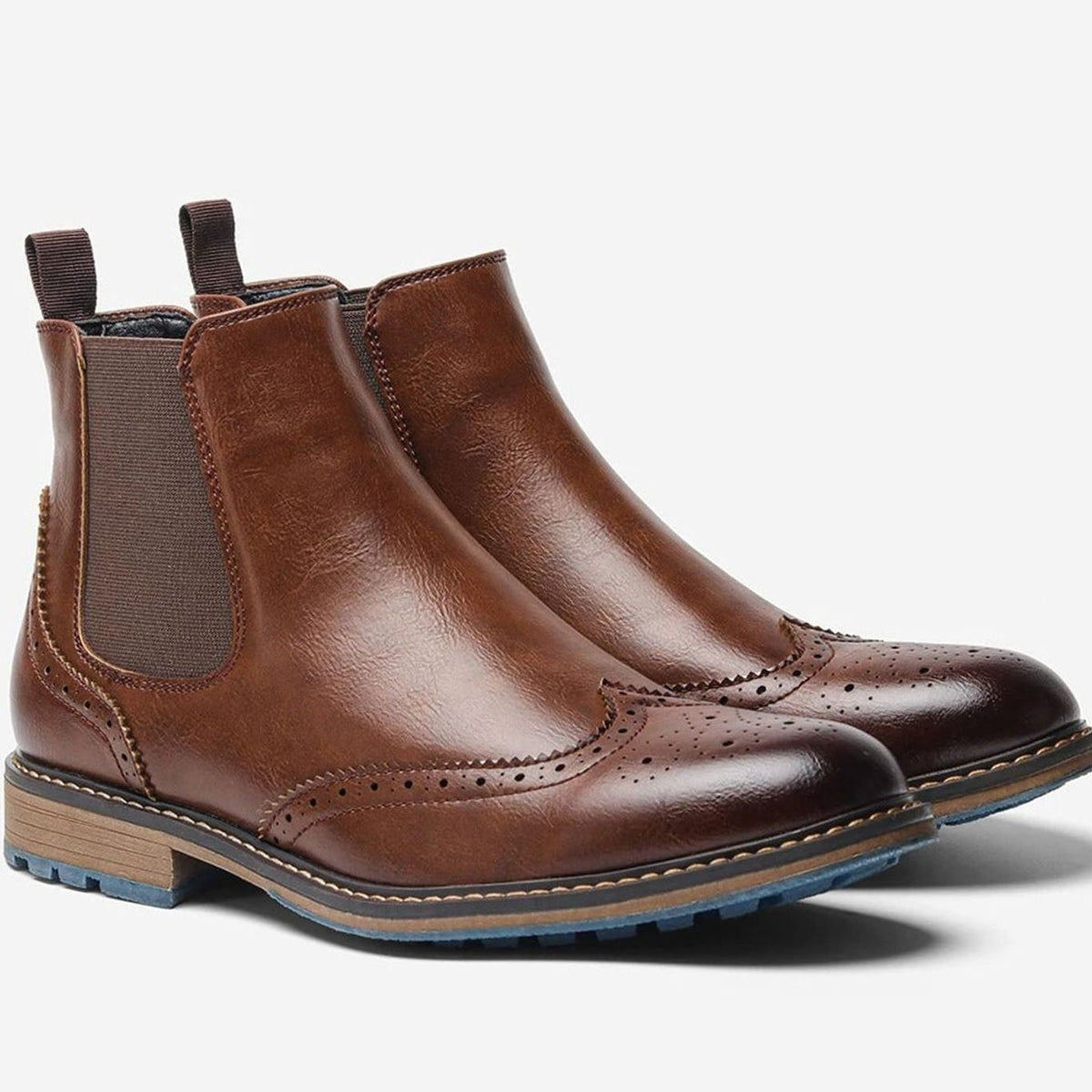 Men's Wingtip Brogue Chelsea Boots Slip-On Burnished Leather-Look - Dark Brown