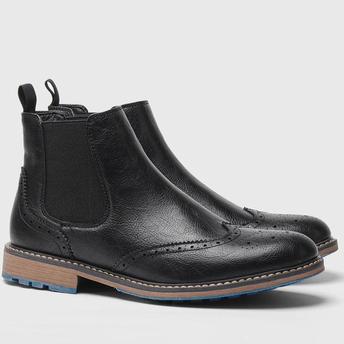Men's Wingtip Brogue Chelsea Boots Slip-On Burnished Leather-Look - Black