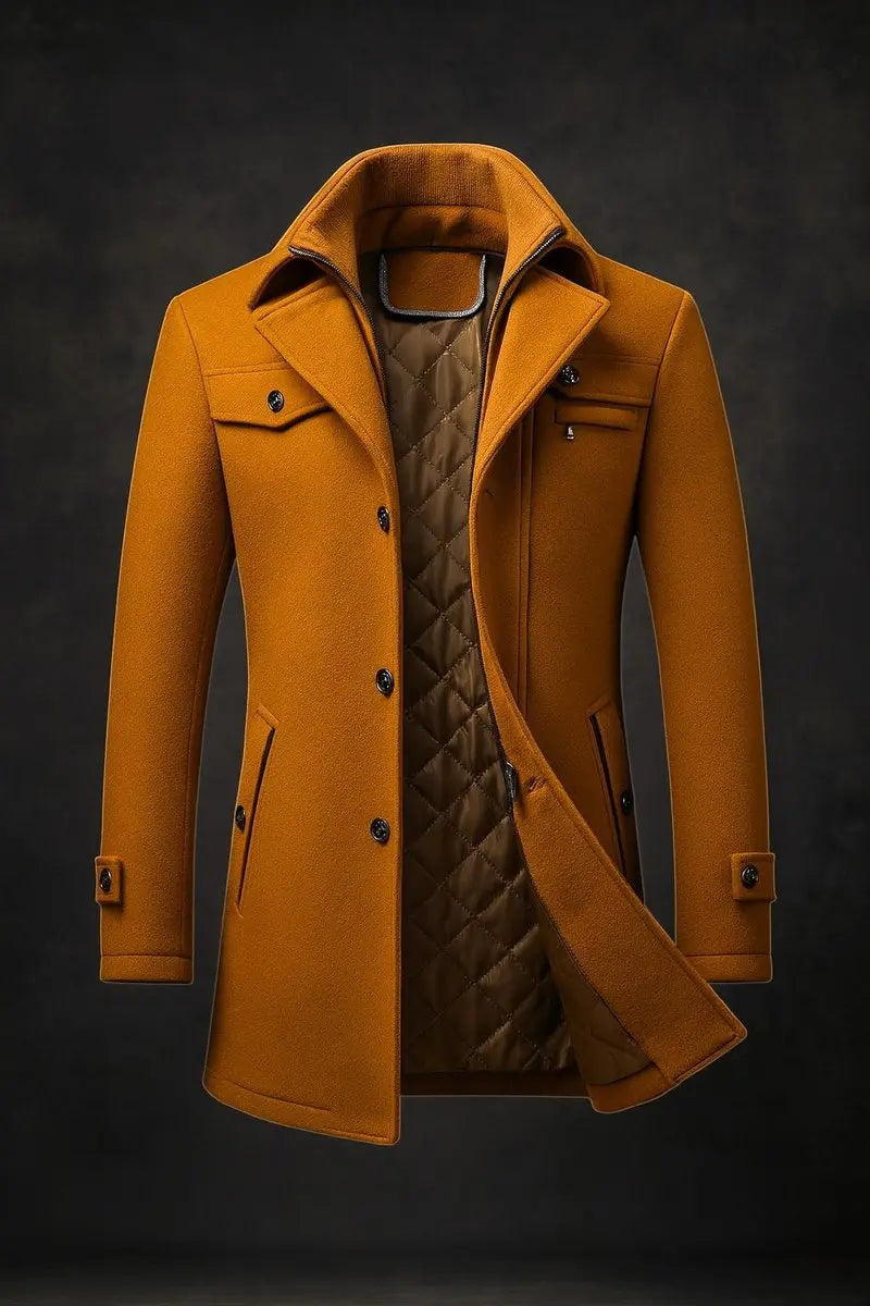 Men's Wool Coat Double-Collar Quilted-Lined Overcoat - Brown