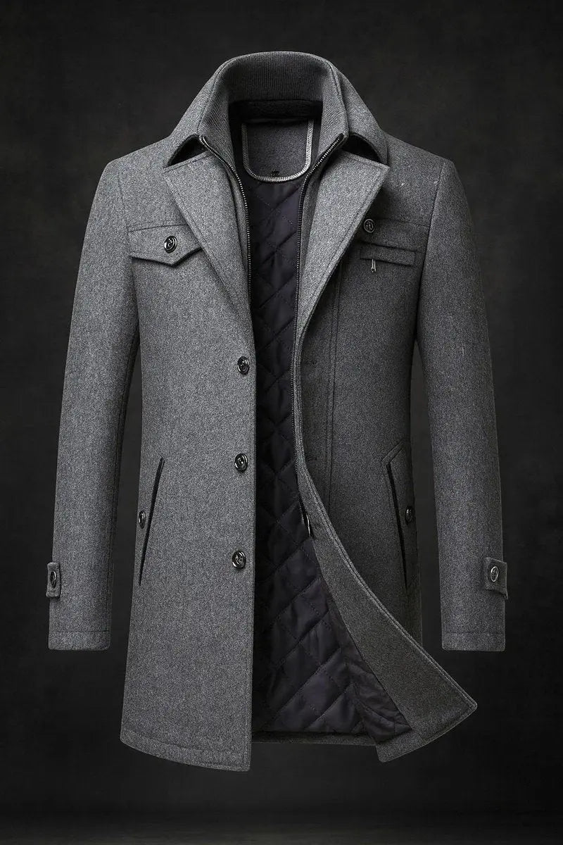 Men's Wool Coat Double-Collar Quilted-Lined Overcoat - Grey