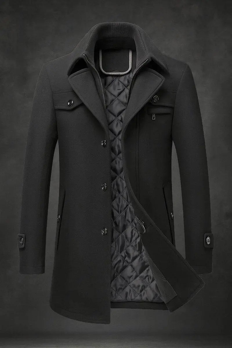 Men's Wool Coat Double-Collar Quilted-Lined Overcoat - Black