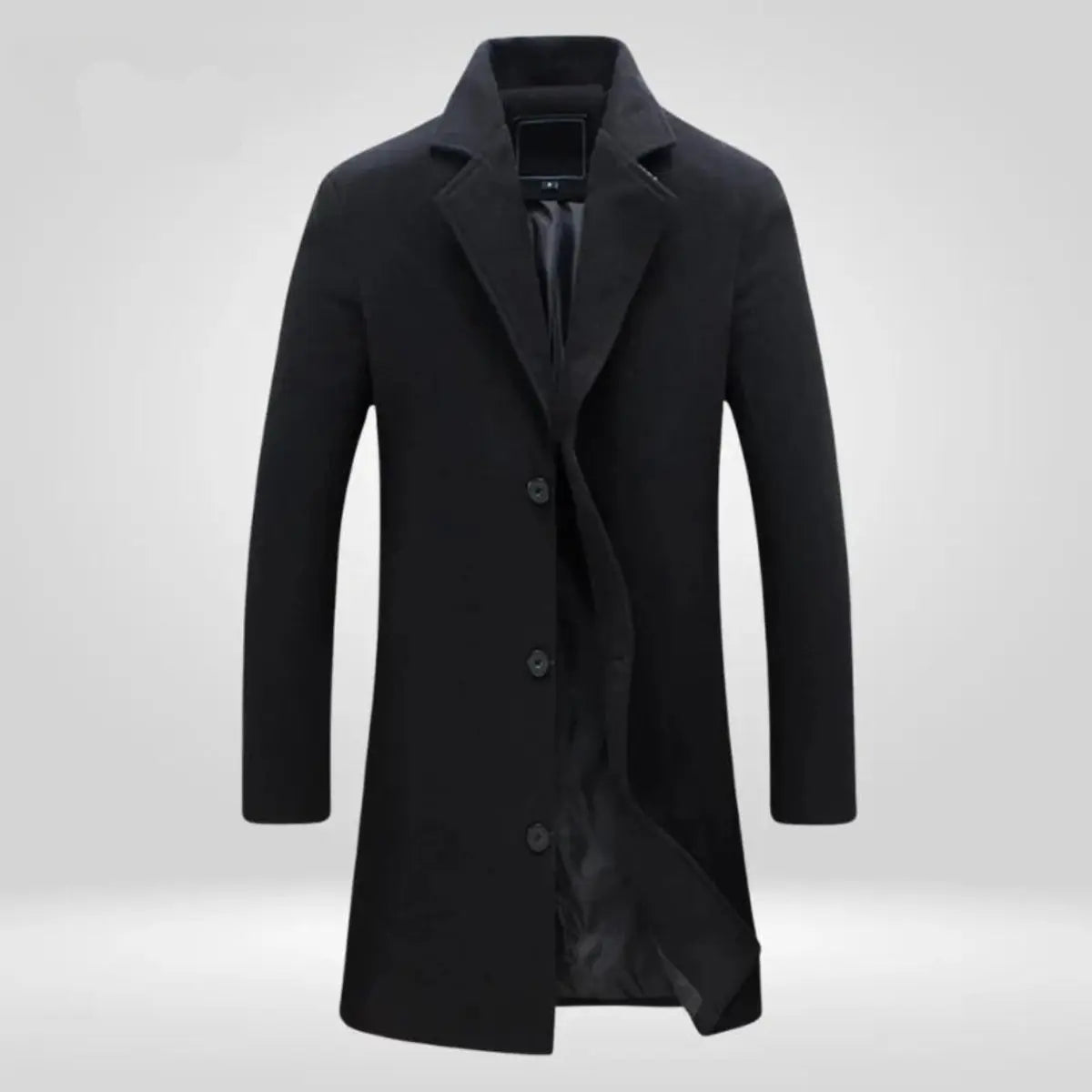 Men's Wool Coat Single-Breasted Long Overcoat - Black