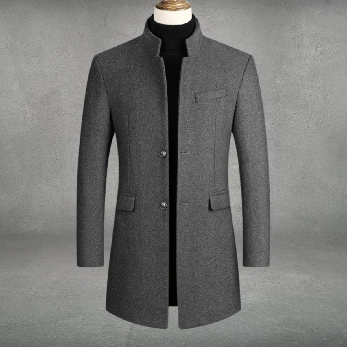 Mens Wool Coat Slim-Fit Tailored Overcoat Standing Collar - Grey
