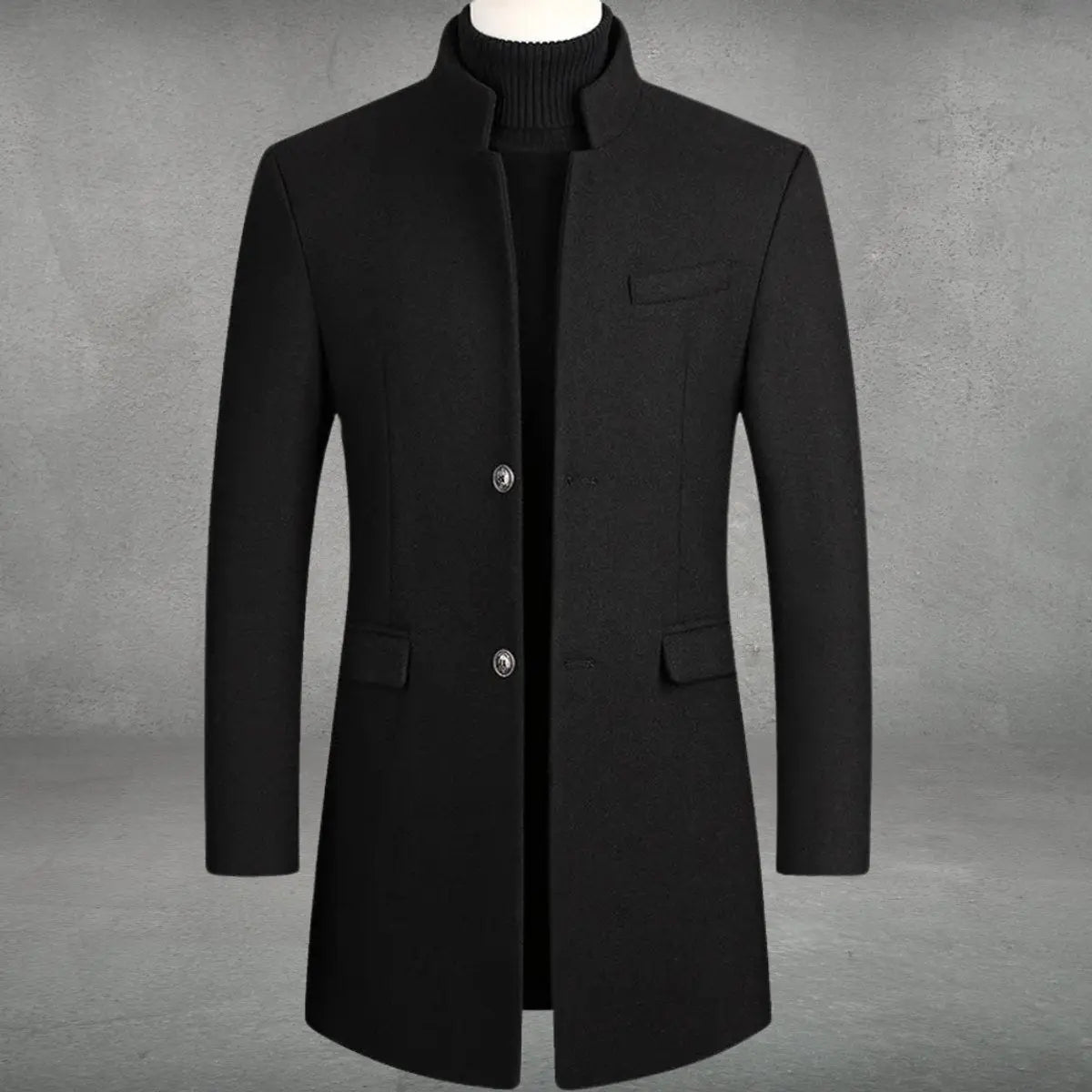 Mens Wool Coat Slim-Fit Tailored Overcoat Standing Collar