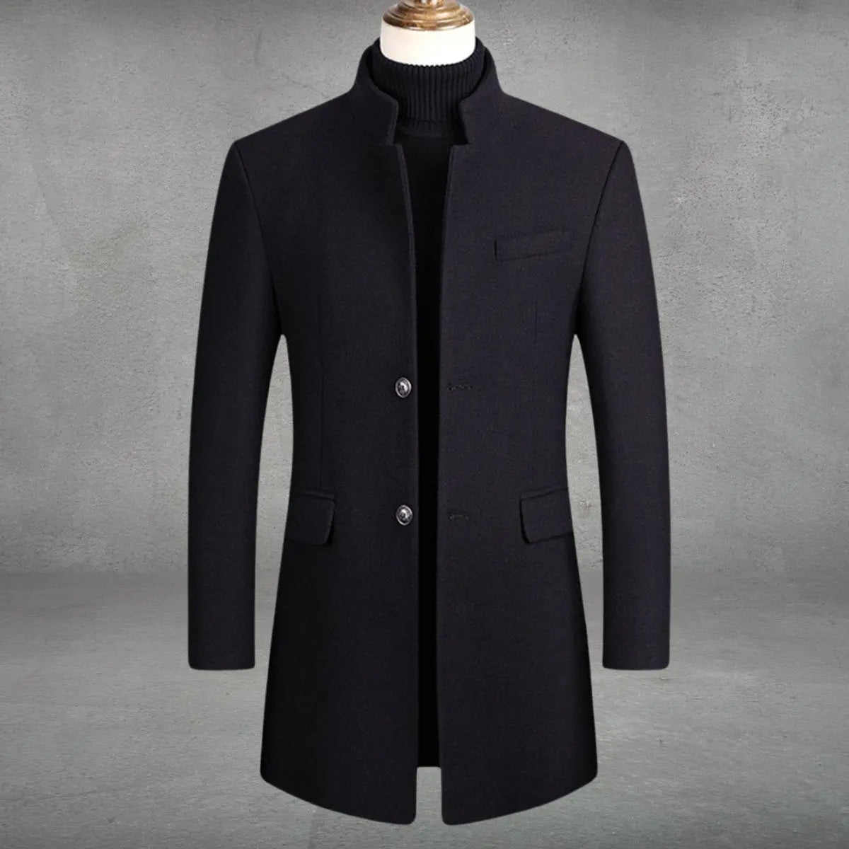 Mens Wool Coat Slim-Fit Tailored Overcoat Standing Collar - Black