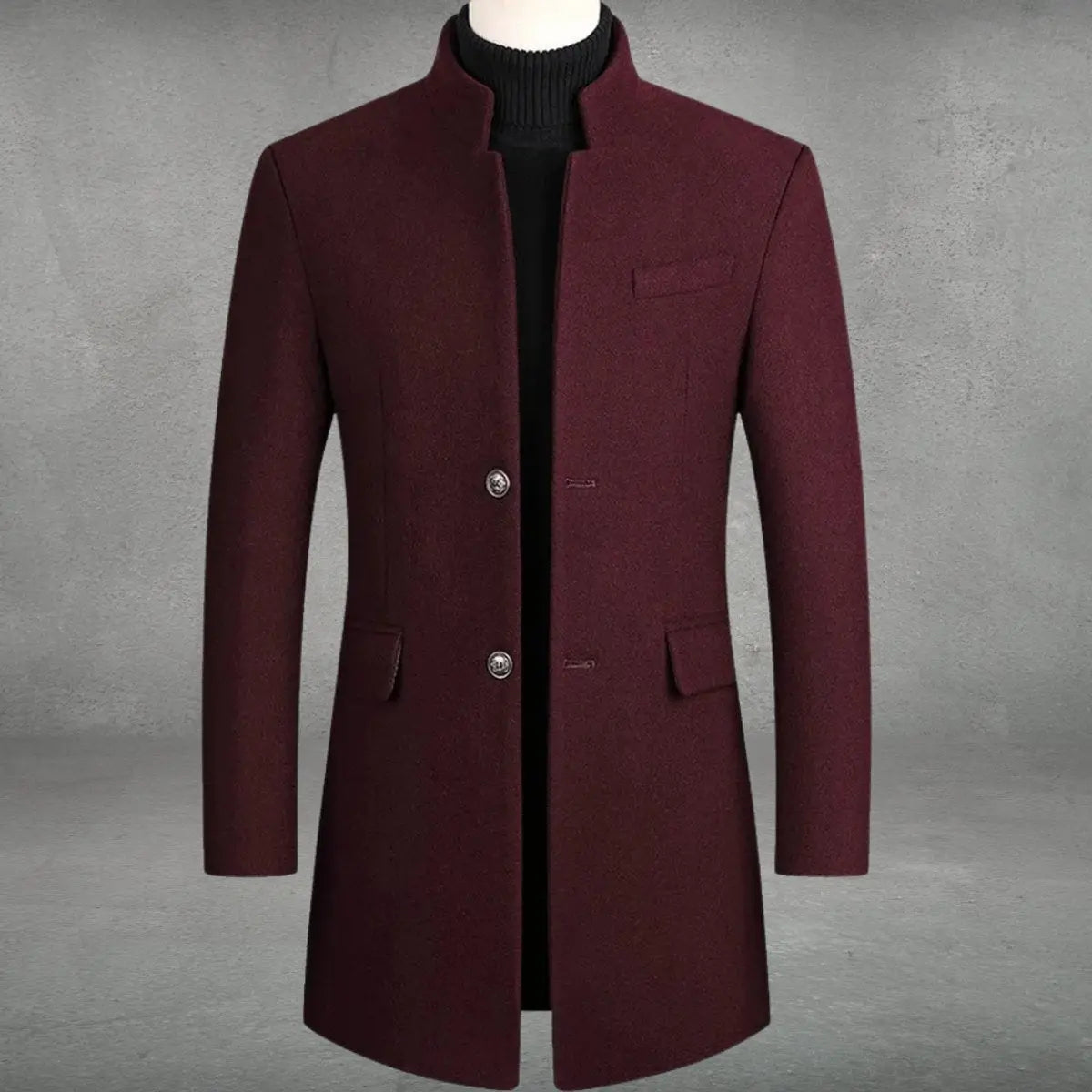 Mens Wool Coat Slim-Fit Tailored Overcoat Standing Collar - Burgundy