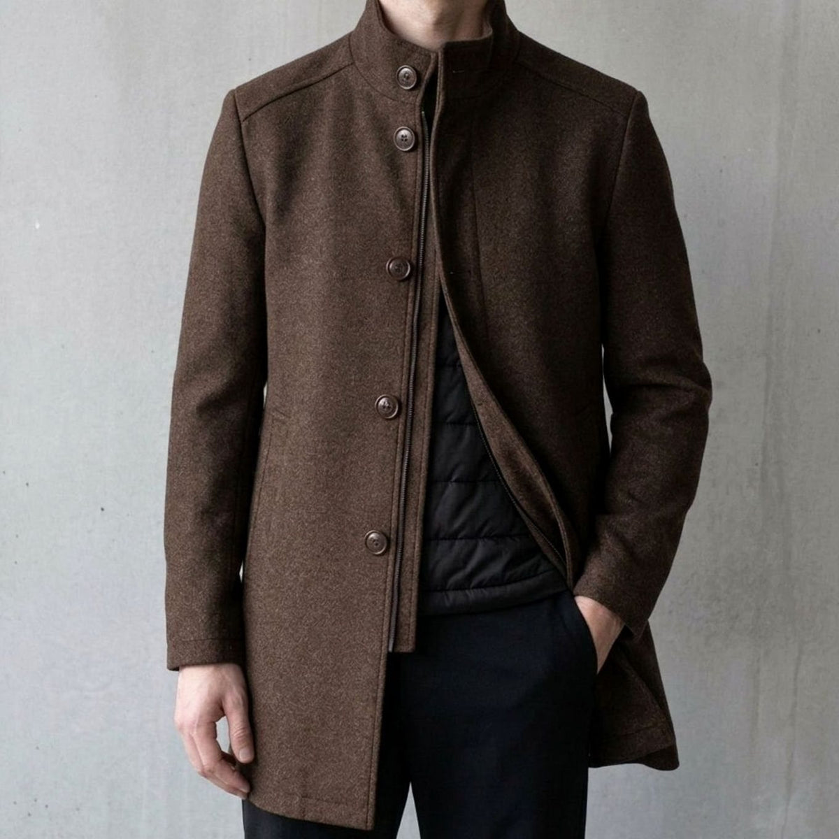 Men's Wool Insulated Button-Up Overcoat Stand Collar - Brown