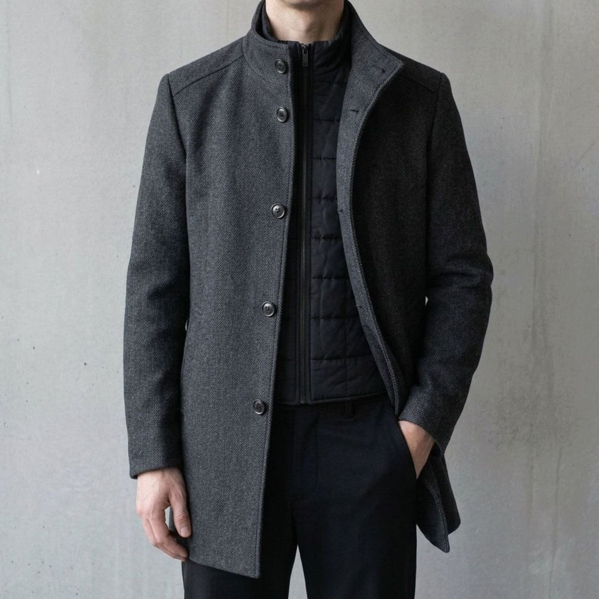 Men's Wool Insulated Button-Up Overcoat Stand Collar - Gray