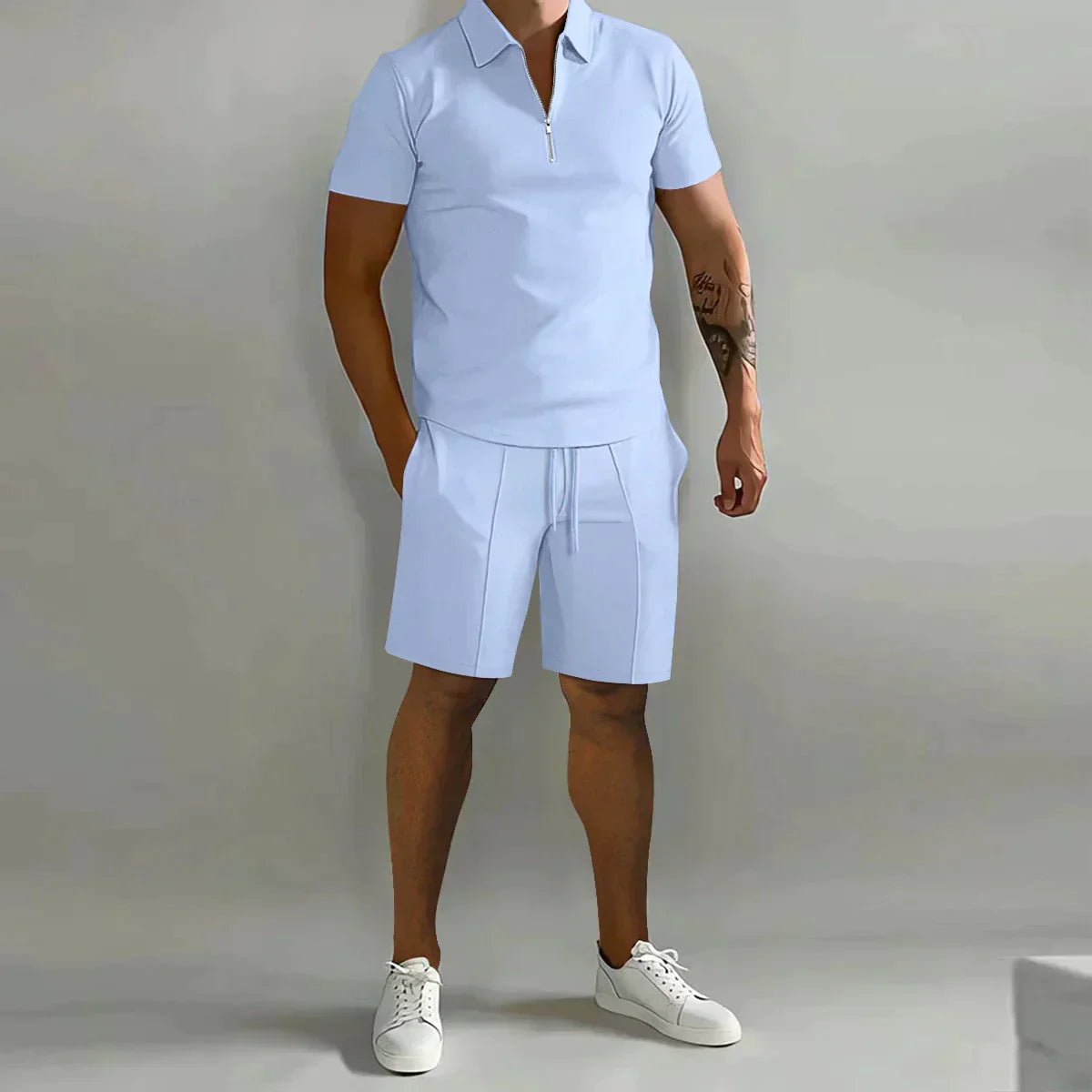 Men's Zip Polo & Shorts Set Ribbed Texture Drawstring - Light Blue