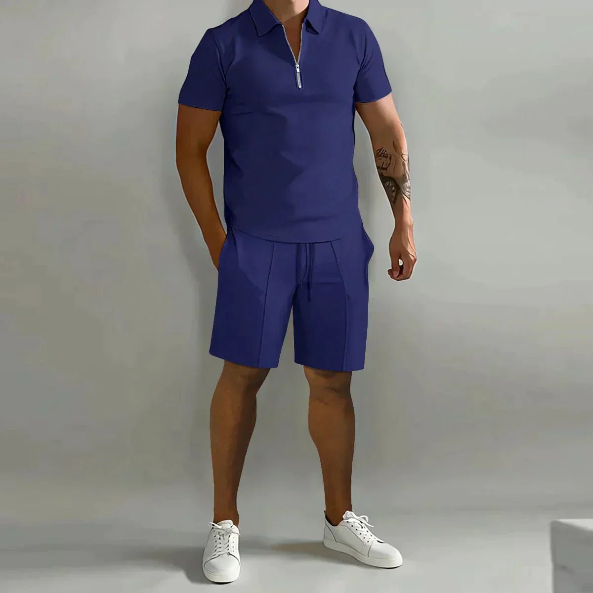 Men's Zip Polo & Shorts Set Ribbed Texture Drawstring - Marine Blue