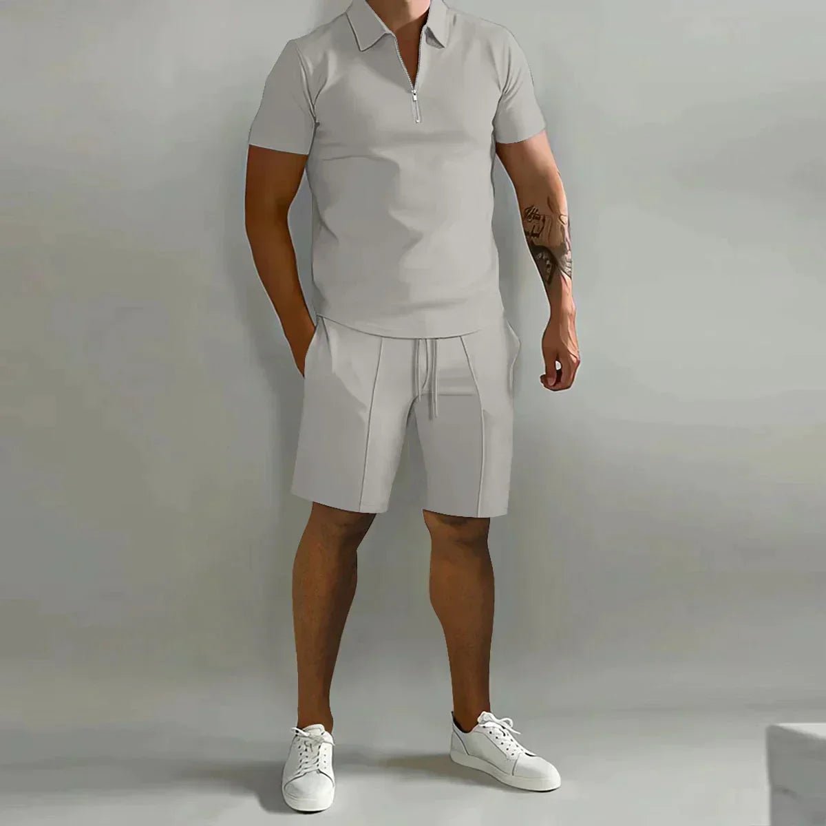 Men's Zip Polo & Shorts Set Ribbed Texture Drawstring - Light Gray