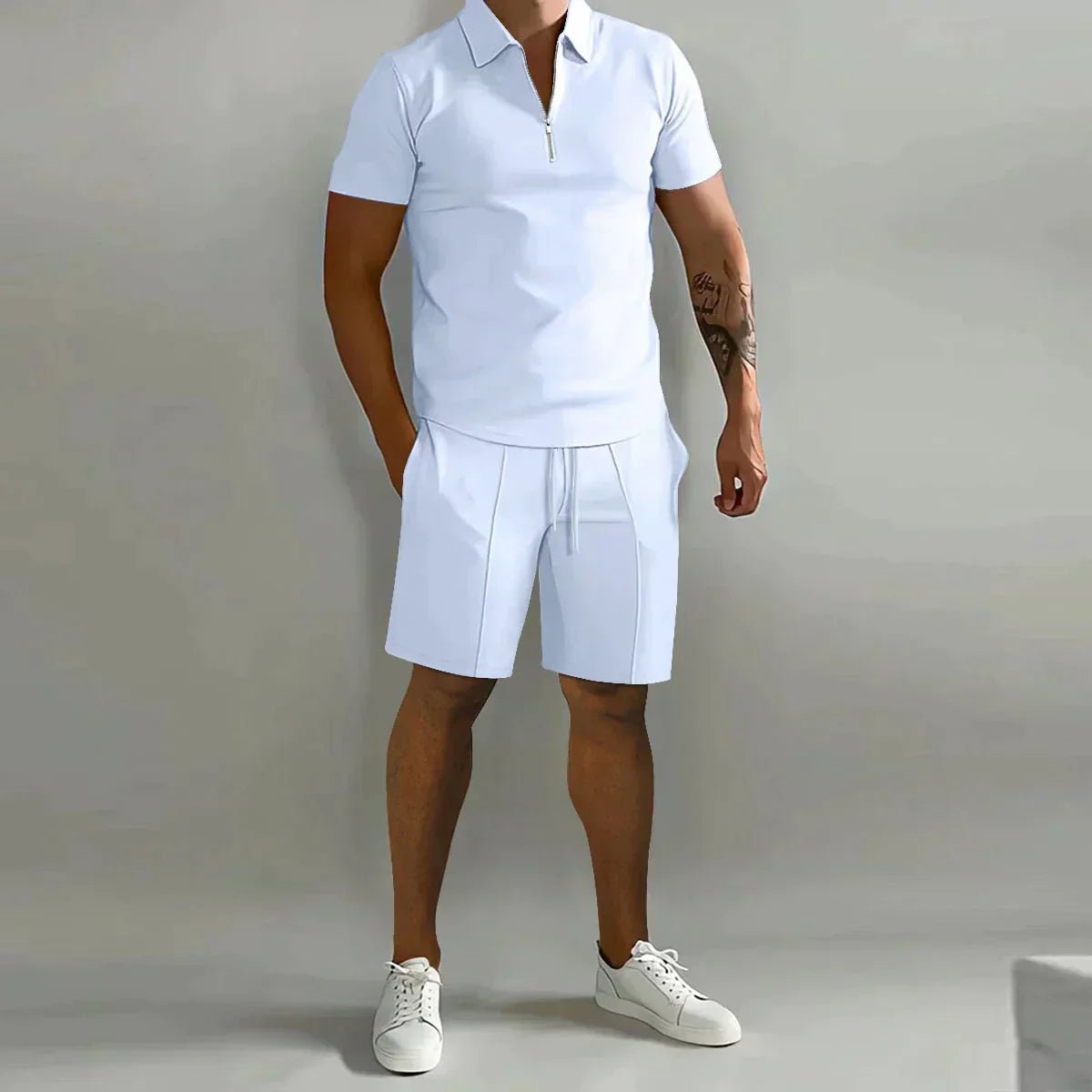 Men's Zip Polo & Shorts Set Ribbed Texture Drawstring - White