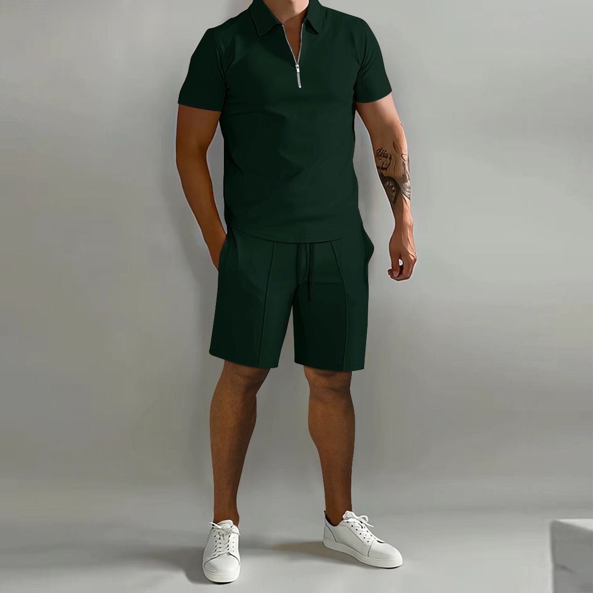 Men's Zip Polo & Shorts Set Ribbed Texture Drawstring - Green