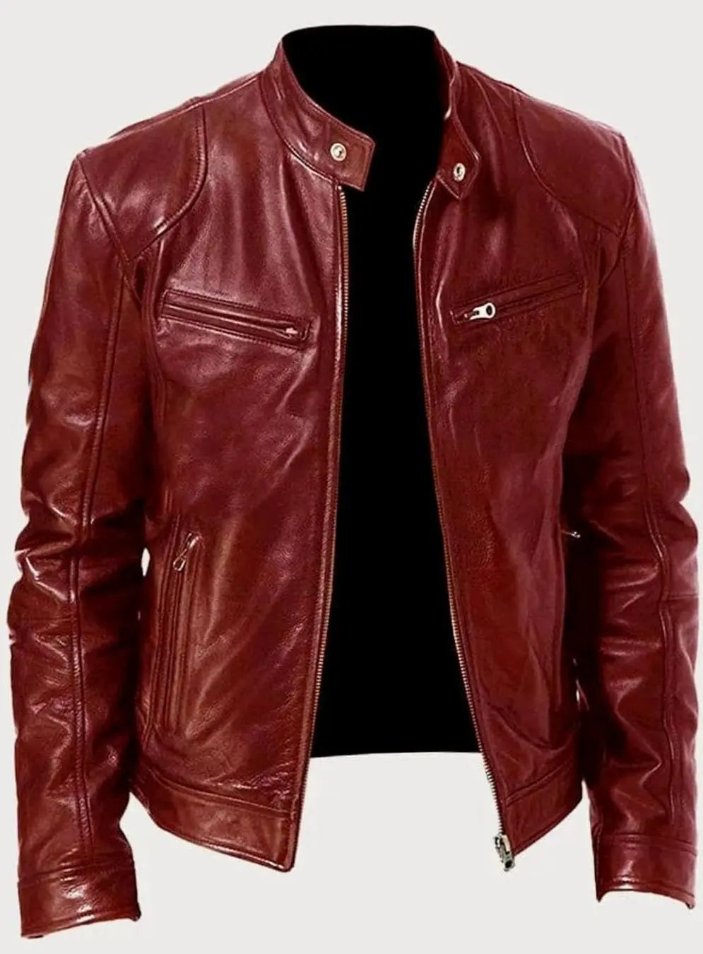 Men's Zip-Up Biker Faux Leather Casual Jacket - Red
