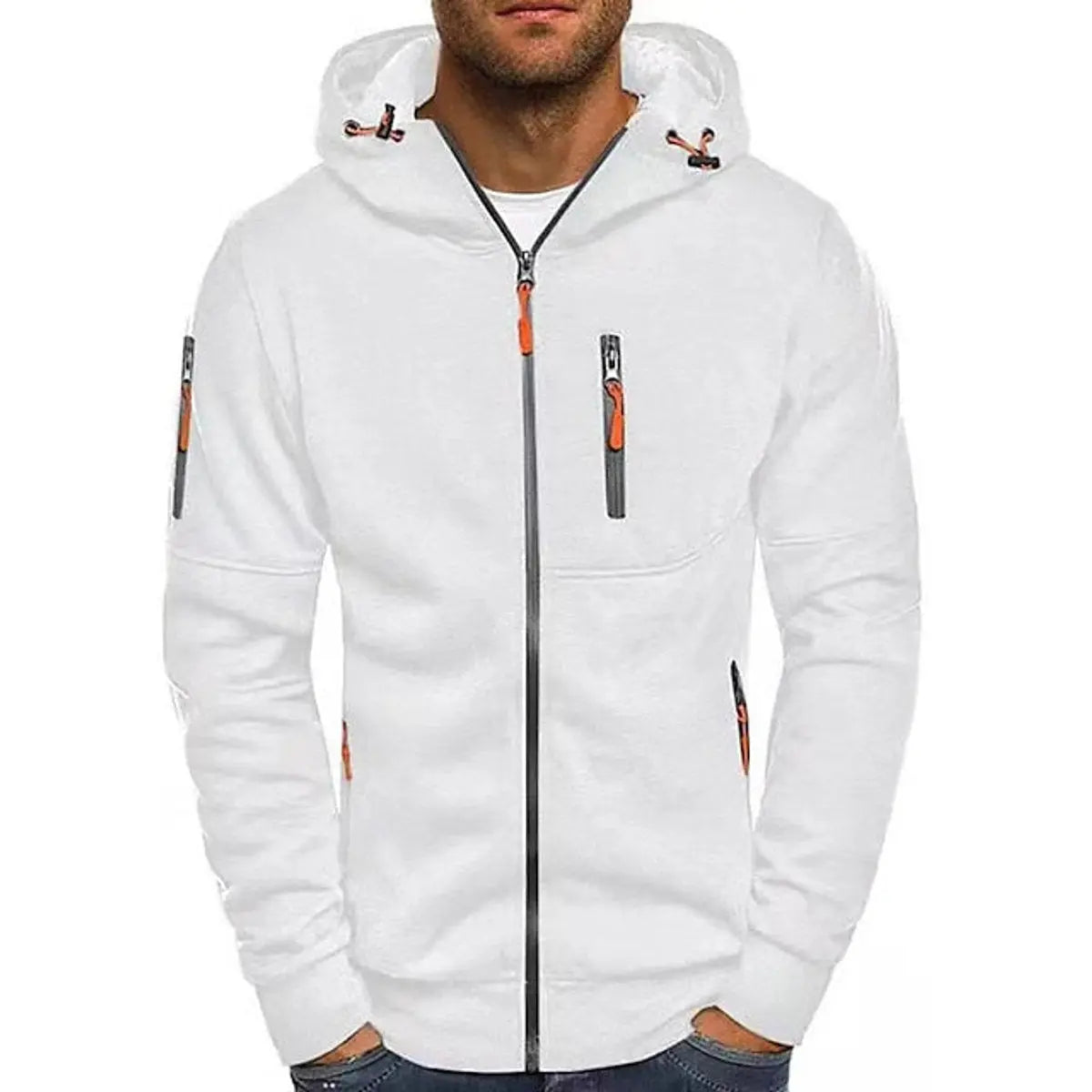 Mens Zip-Up Hooded Knit Sweater Fleece Hoodie Multi-Pocket - White