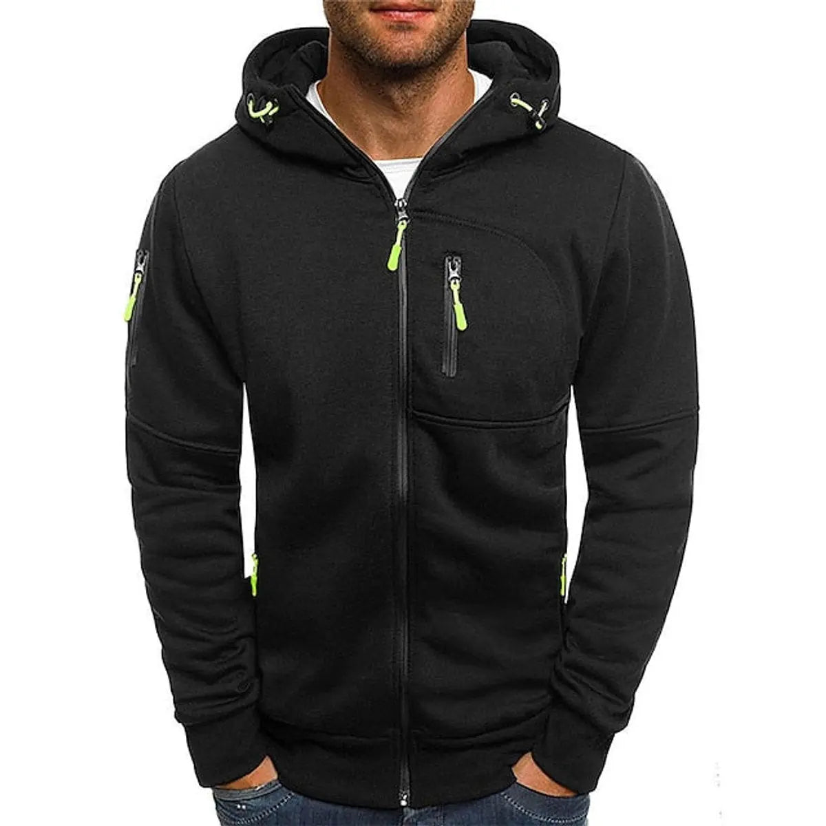 Mens Zip-Up Hooded Knit Sweater Fleece Hoodie Multi-Pocket - Black