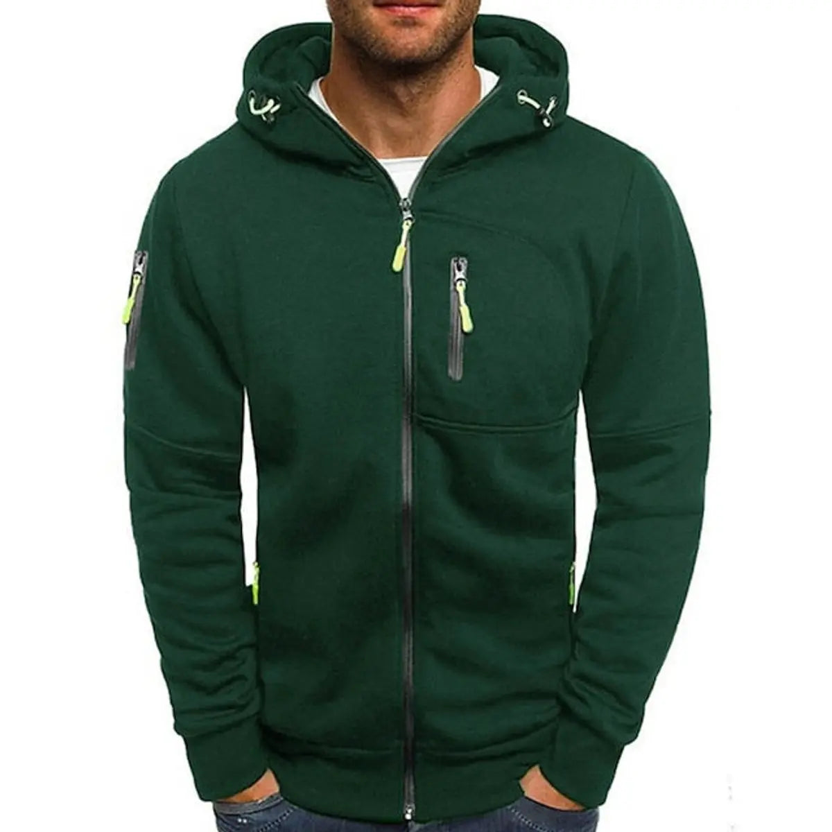 Mens Zip-Up Hooded Knit Sweater Fleece Hoodie Multi-Pocket - Green