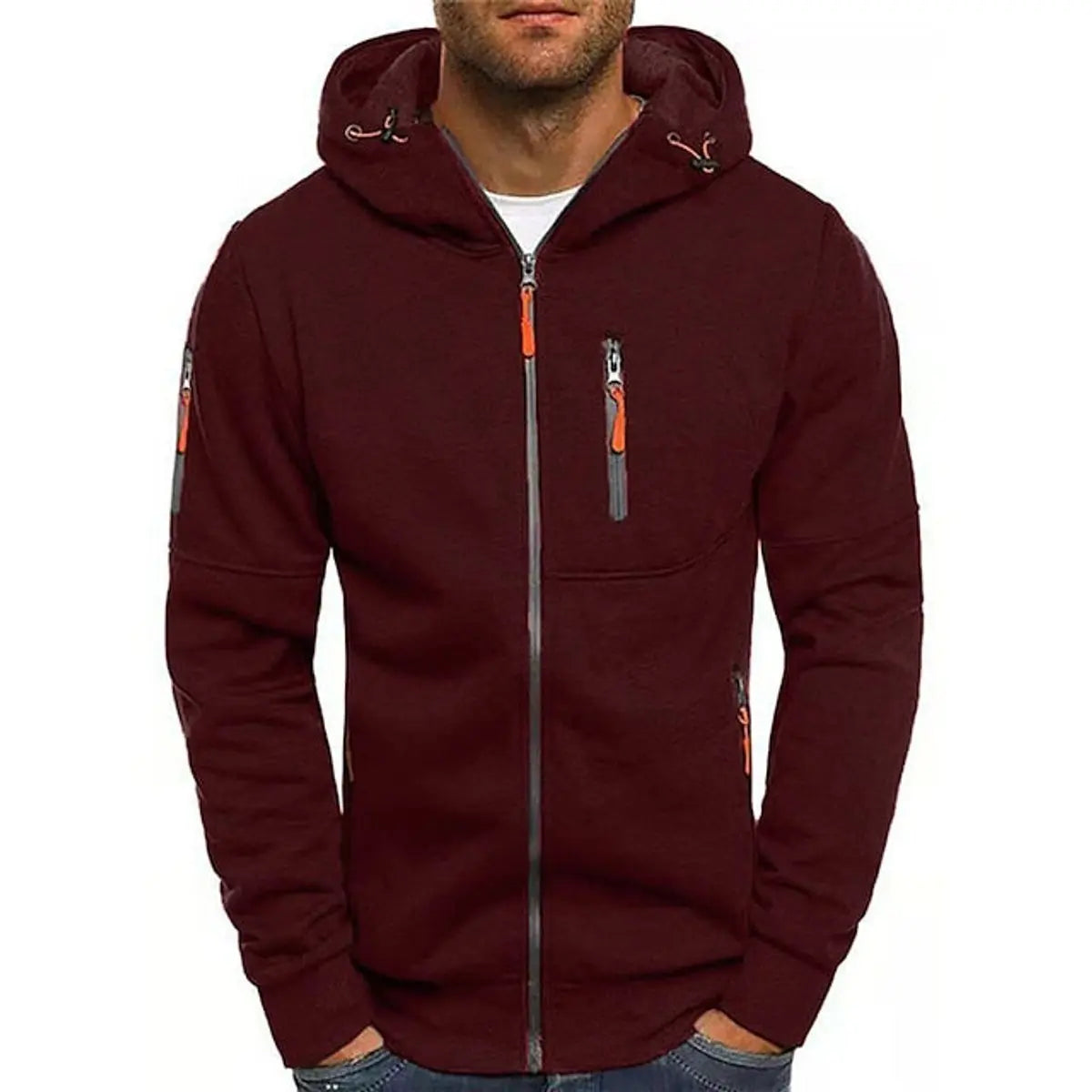 Mens Zip-Up Hooded Knit Sweater Fleece Hoodie Multi-Pocket - Wine