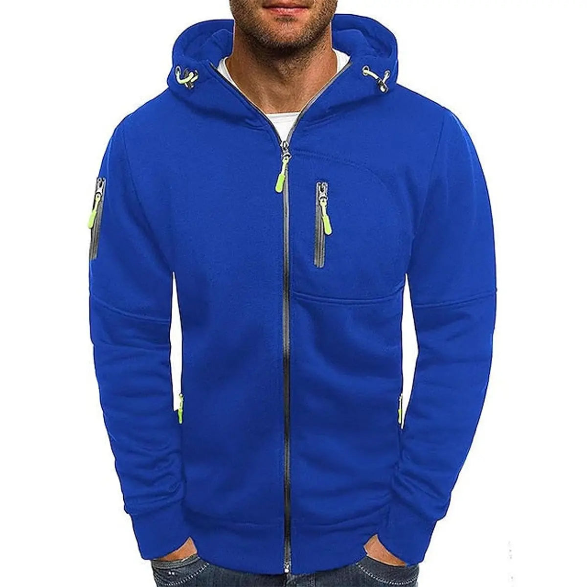 Mens Zip-Up Hooded Knit Sweater Fleece Hoodie Multi-Pocket - Blue