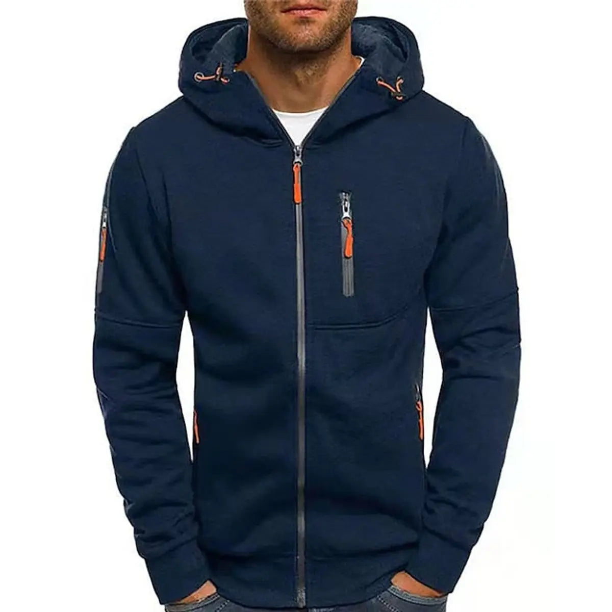 Mens Zip-Up Hooded Knit Sweater Fleece Hoodie Multi-Pocket - Navy