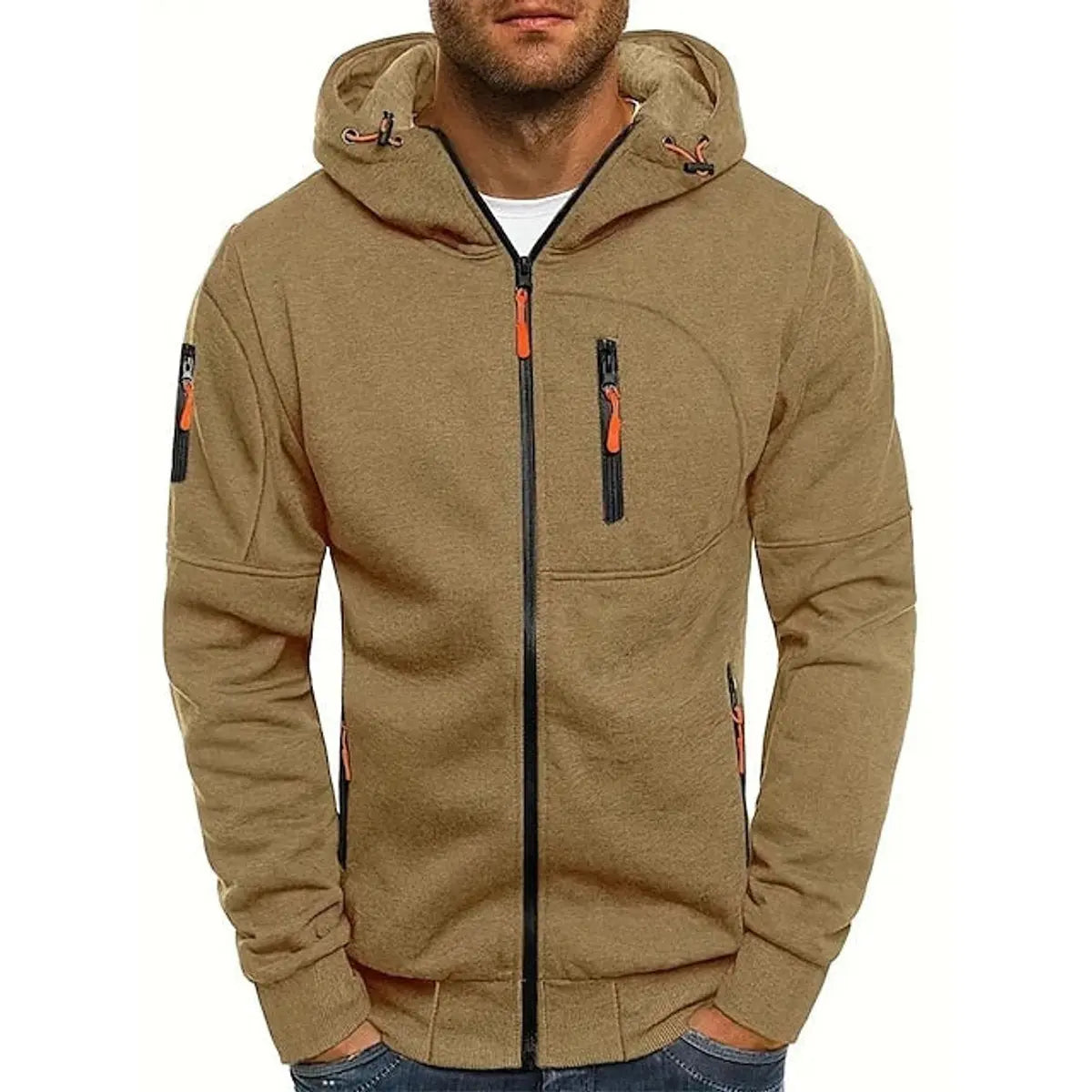 Mens Zip-Up Hooded Knit Sweater Fleece Hoodie Multi-Pocket - Khaki