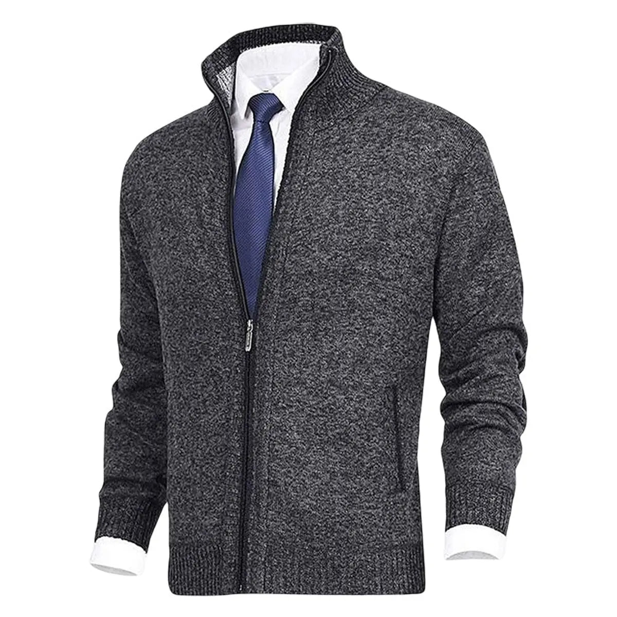 Men's Zip-Up Knit Fleece-Lined Mens Cardigan Jumper Stand Collar