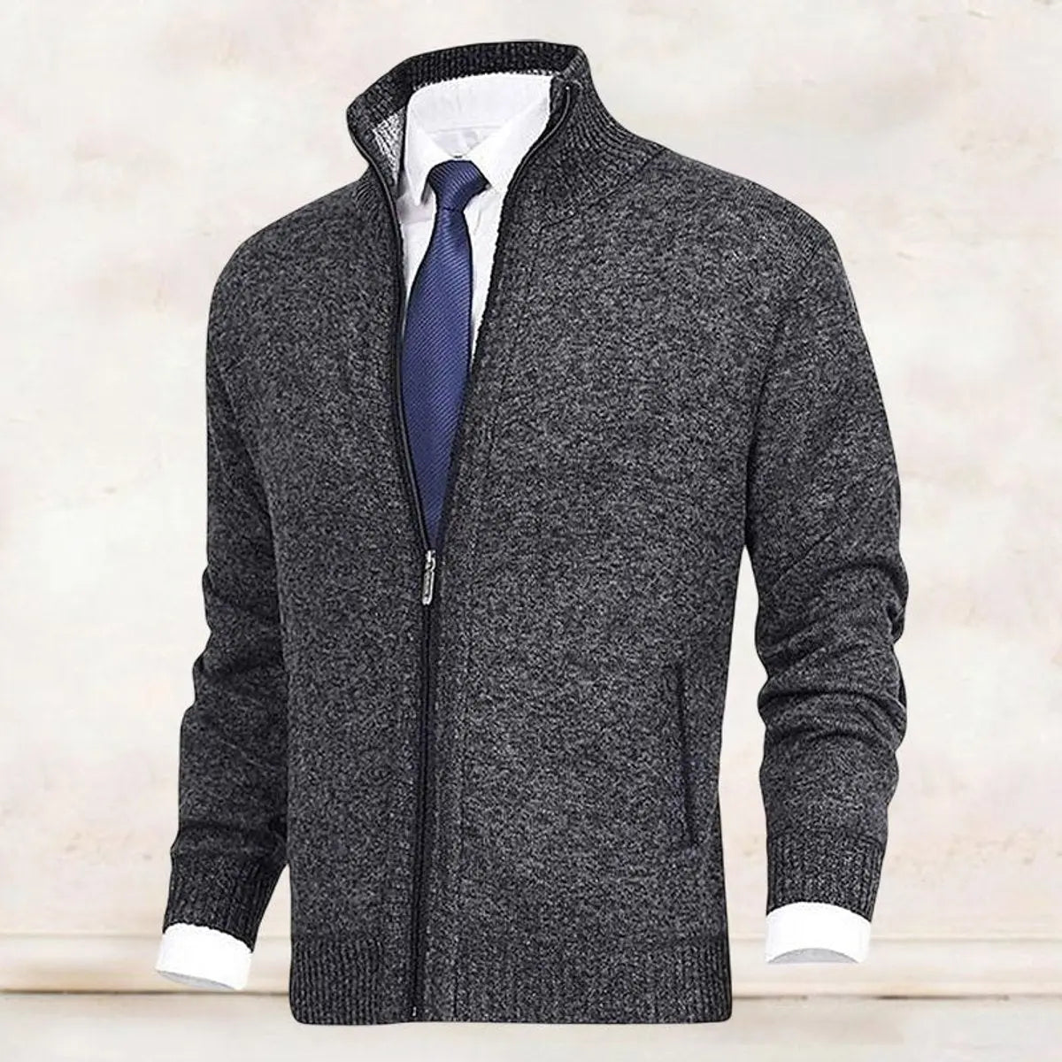 Men's Zip-Up Knit Fleece-Lined Mens Cardigan Jumper Stand Collar