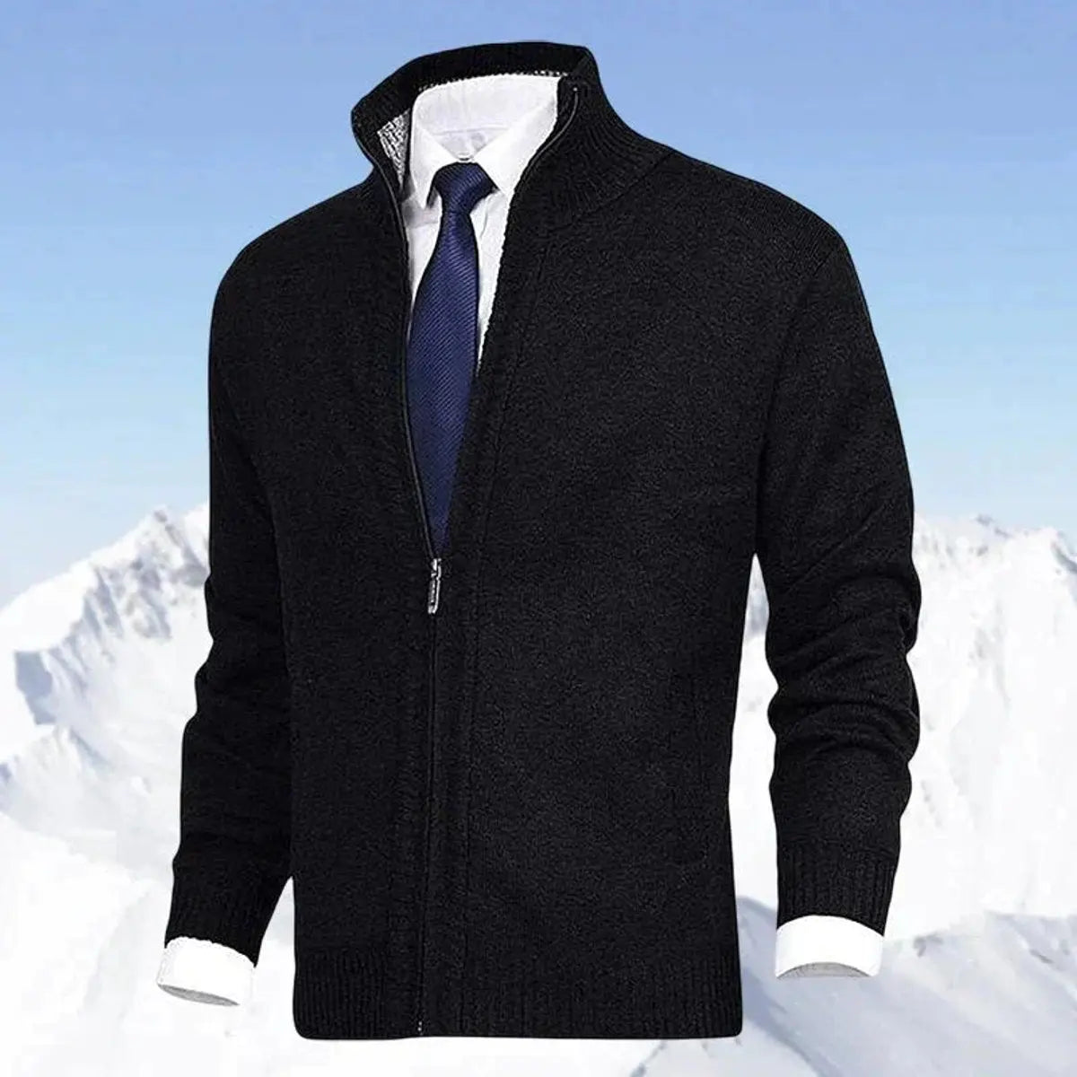Men's Zip-Up Knit Fleece-Lined Mens Cardigan Jumper Stand Collar - Black