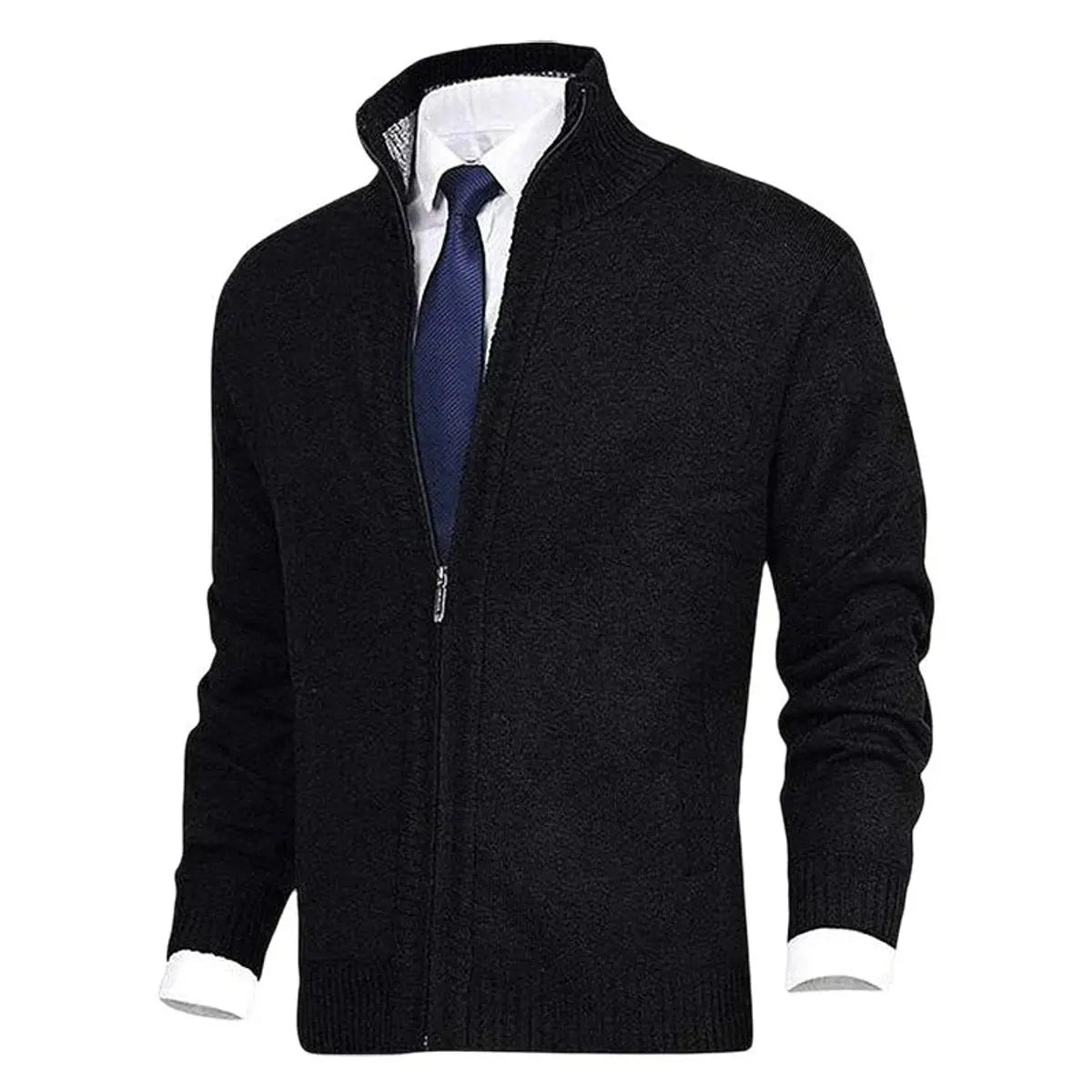Men's Zip-Up Knit Fleece-Lined Mens Cardigan Jumper Stand Collar