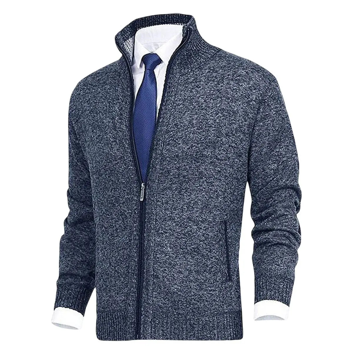 Men's Zip-Up Knit Fleece-Lined Mens Cardigan Jumper Stand Collar